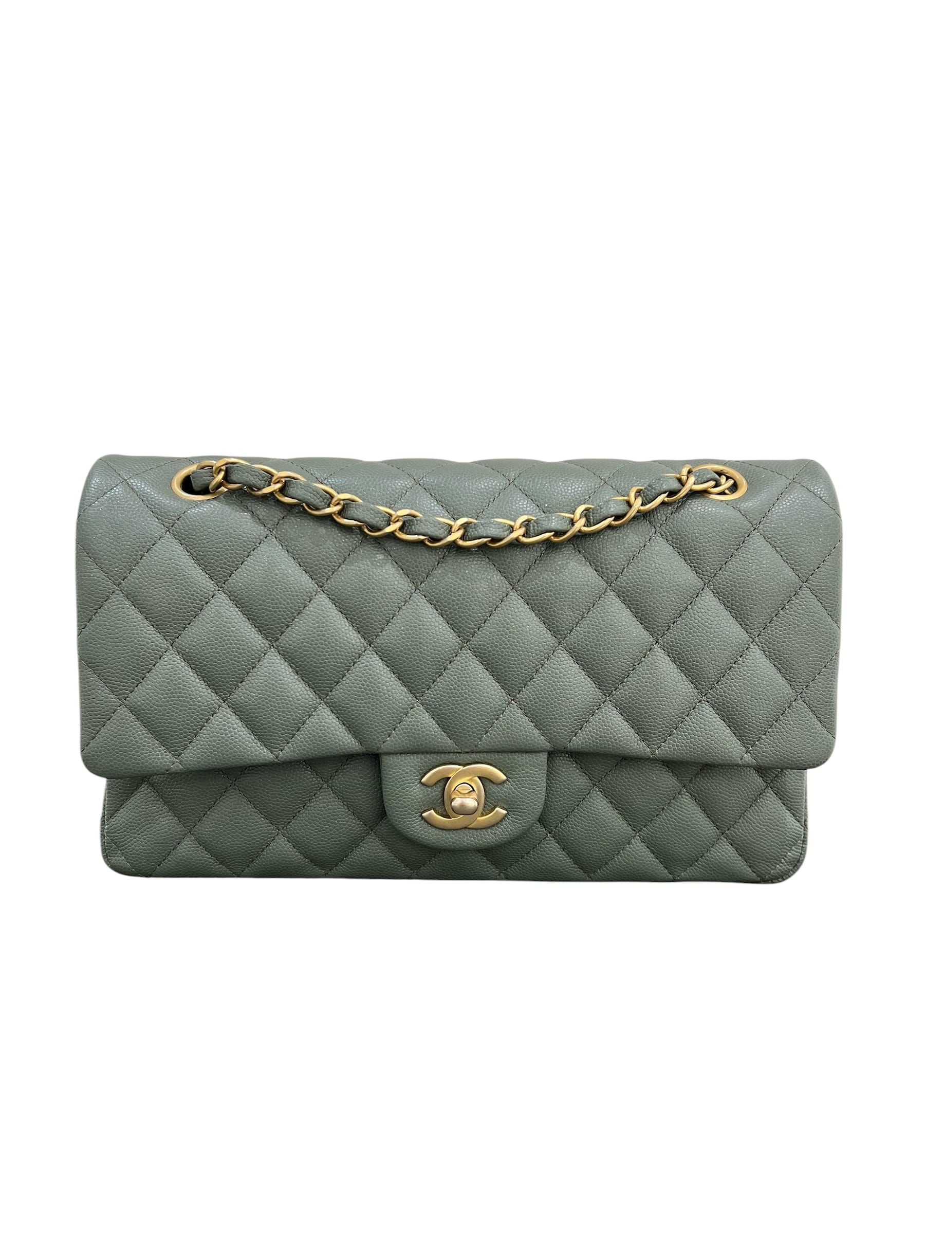 Luxury Promise Chanel Classic Double Flap Glittered Olive Green Caviar Matte GHW SKCX4140