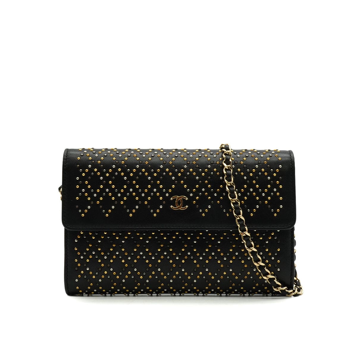 LUXURY PROMISE CHANEL COCOMARK LONG WALLET STUDS BLACK LAMB SKIN GOLD HARDWARE 90340477