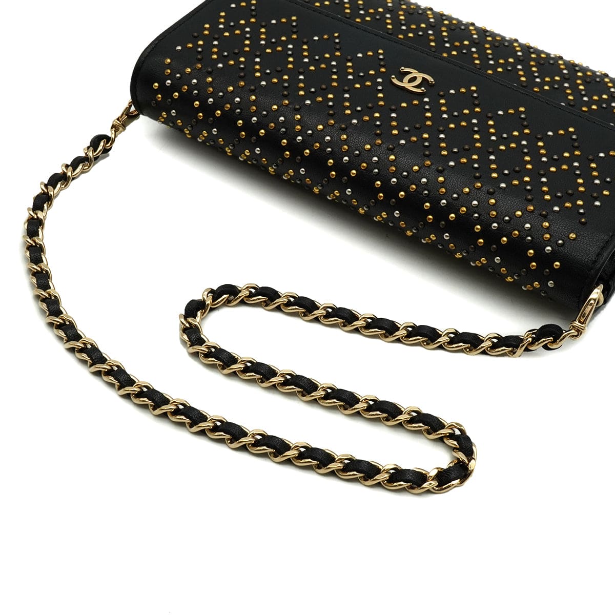 LUXURY PROMISE CHANEL COCOMARK LONG WALLET STUDS BLACK LAMB SKIN GOLD HARDWARE 90340477