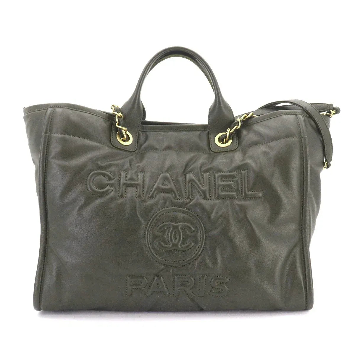LUXURY PROMISE CHANEL Deauville GM Tote Chain Shoulder Bag Leather khaki Purse 90325433
