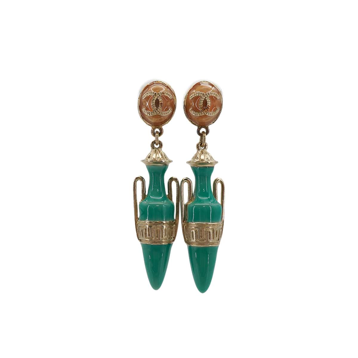 LUXURY PROMISE CHANEL EARRINGS AMPHORA MOTIF COCOMARK SWING GOLD GREEN ACCESSORY 18C 90343245