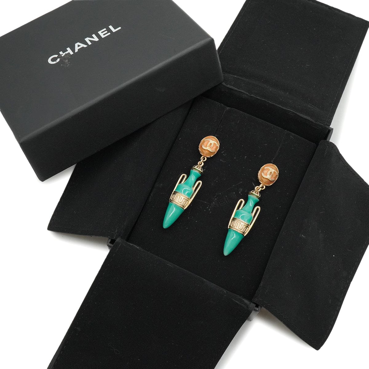 LUXURY PROMISE CHANEL EARRINGS AMPHORA MOTIF COCOMARK SWING GOLD GREEN ACCESSORY 18C 90343245