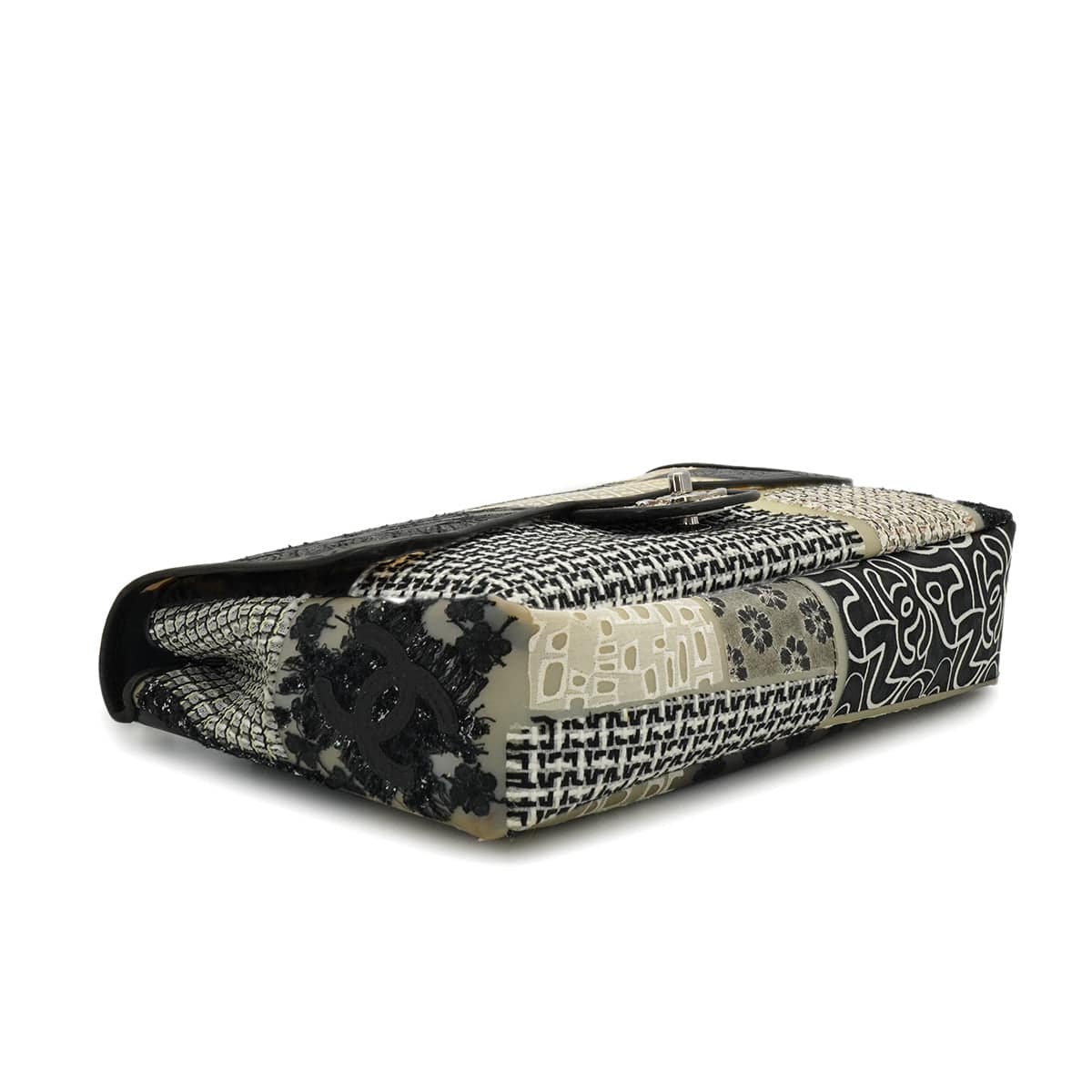LUXURY PROMISE CHANEL JUMBO PATCHWORK COCOMARK FLOWER CHAIN SHOULDER BAG BLACK WHITE PVC TWEED SILVER HARDWARE 90341912