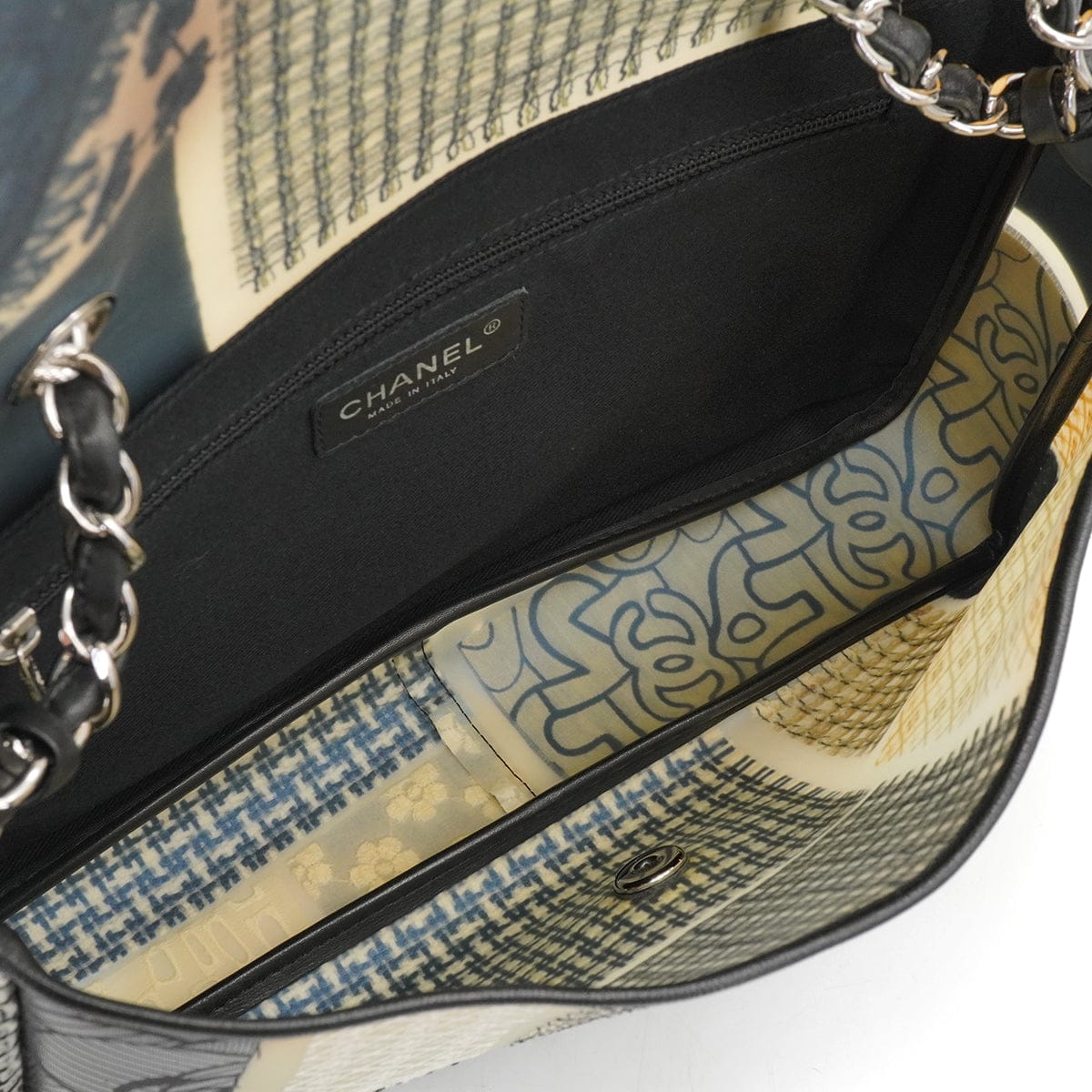 LUXURY PROMISE CHANEL JUMBO PATCHWORK COCOMARK FLOWER CHAIN SHOULDER BAG BLACK WHITE PVC TWEED SILVER HARDWARE 90341912