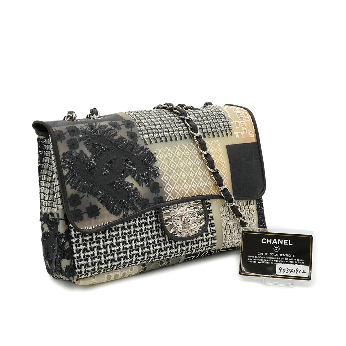LUXURY PROMISE CHANEL JUMBO PATCHWORK COCOMARK FLOWER CHAIN SHOULDER BAG BLACK WHITE PVC TWEED SILVER HARDWARE 90341912
