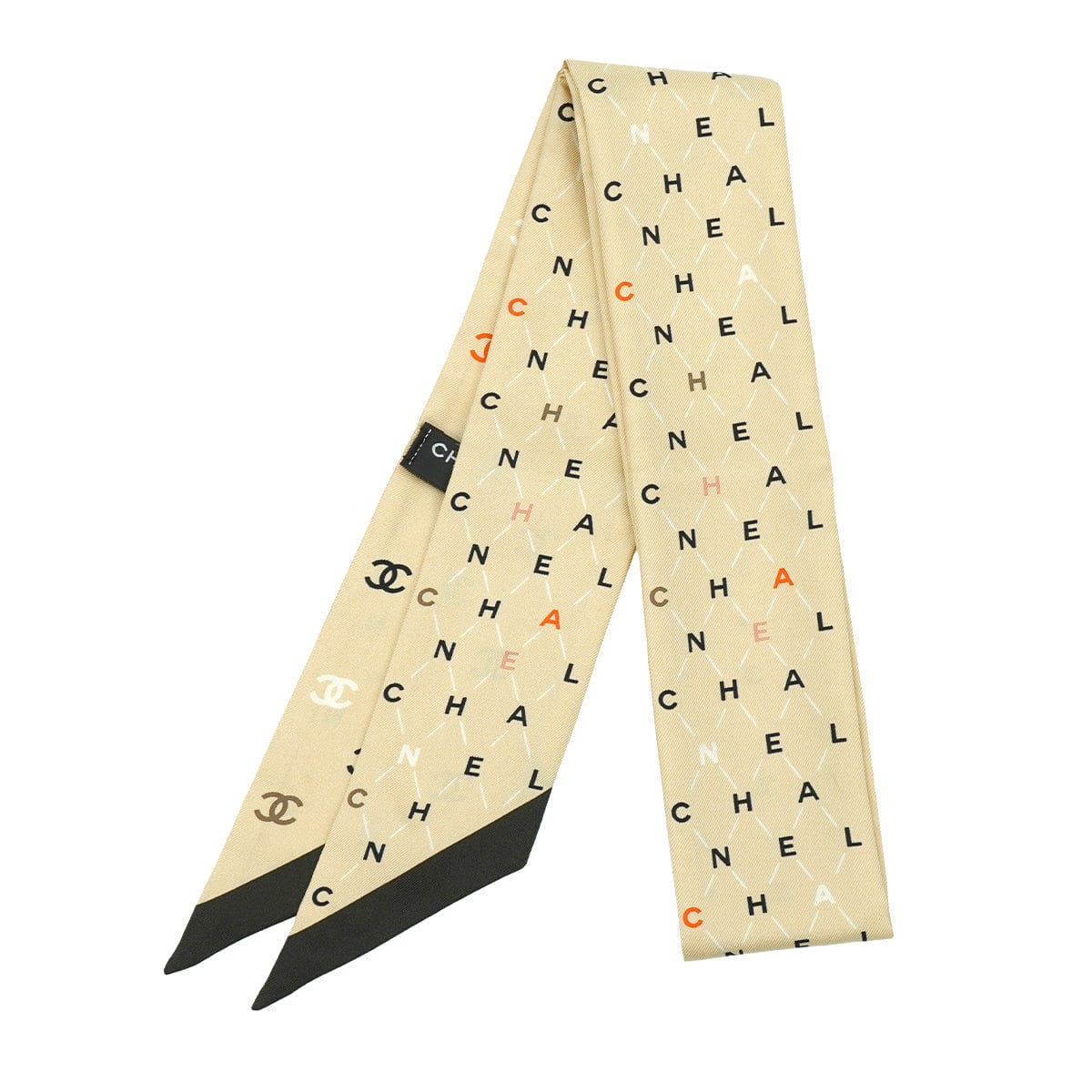 LUXURY PROMISE CHANEL LOGO PATTERN SCARF HAIR BAND BEIGE SILK ACCESSORY 90343246