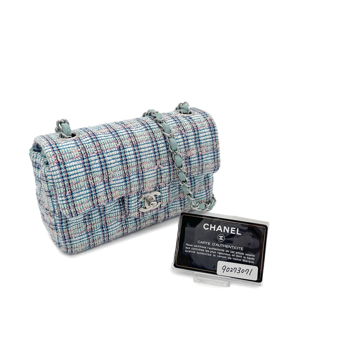 LUXURY PROMISE CHANEL MINI MATELASSE CHAIN SHOULDER BAG BLUE TWEED 90273071