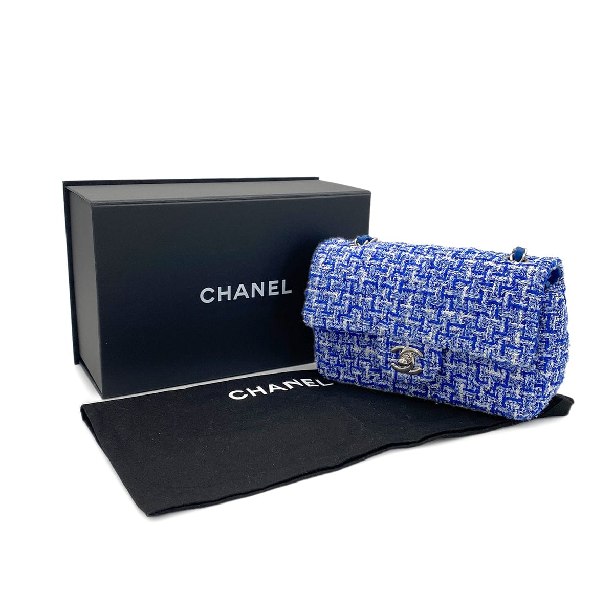 LUXURY PROMISE CHANEL MINI MATELASSE CHAIN SHOULDER BAG BLUE TWEED 90279798