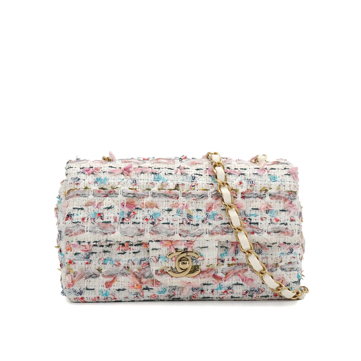 LUXURY PROMISE CHANEL MINI MATELASSE CHAIN SHOULDER BAG MULTICOLOR TWEED GOLD HARDWARE 90335836