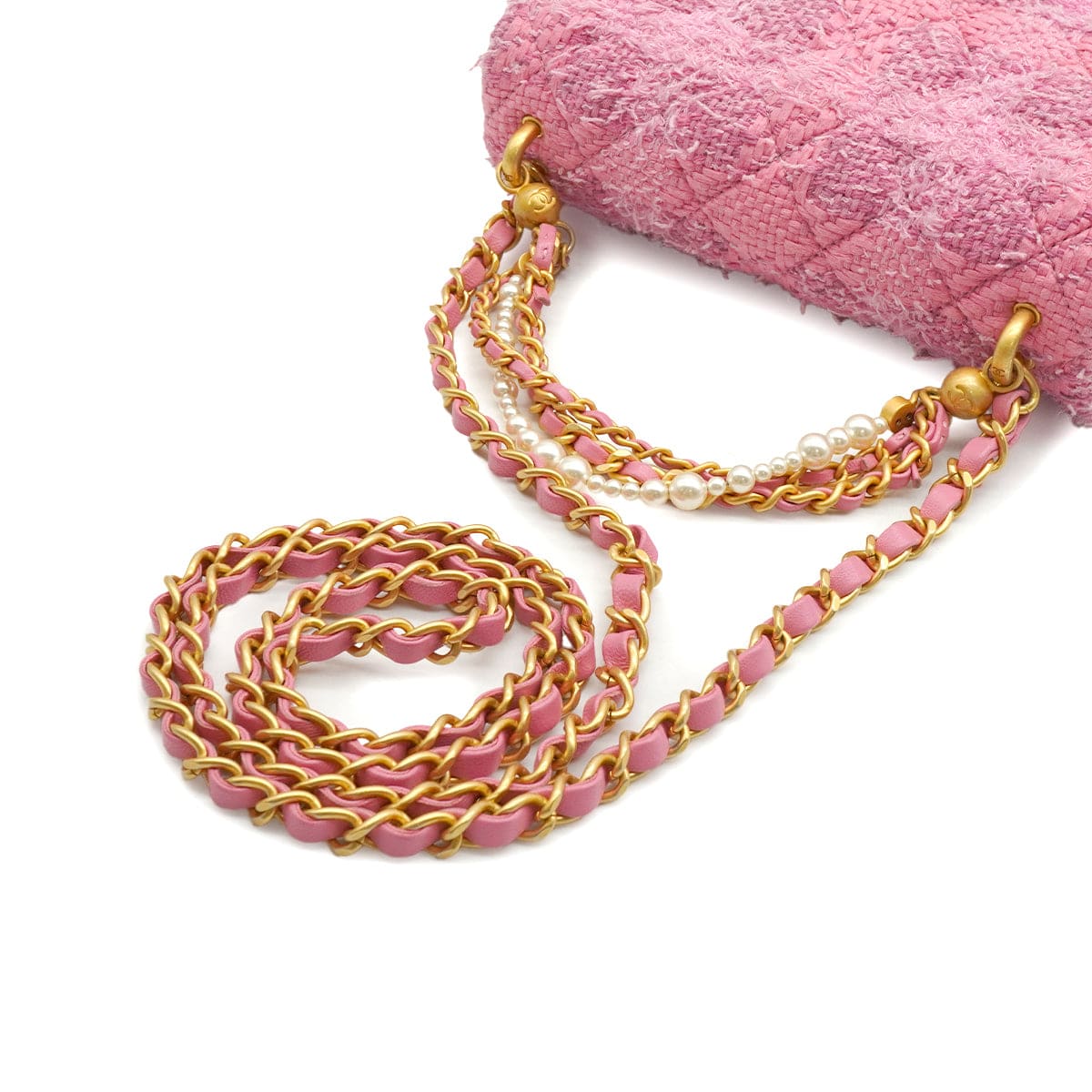 LUXURY PROMISE CHANEL MINI MATELASSE FAUX PEARL CHAIN SHOULDER BAG PINK TWEED GOLD HARDWARE 90339652