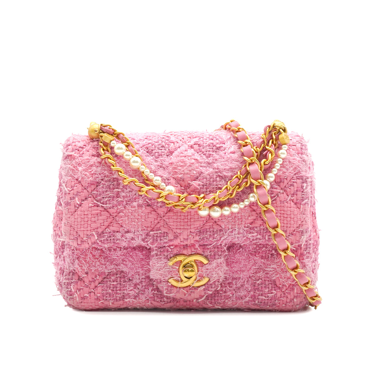 LUXURY PROMISE CHANEL MINI MATELASSE FAUX PEARL CHAIN SHOULDER BAG PINK TWEED GOLD HARDWARE 90339652
