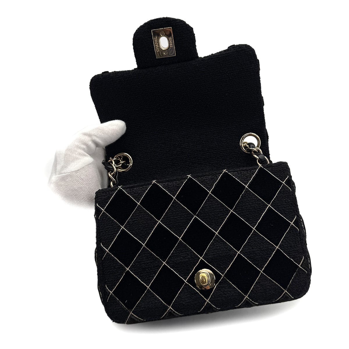 LUXURY PROMISE CHANEL MINI SQUARE 17 CHAIN SHOULDER BAG BLACK CANVAS VELOR 90307023