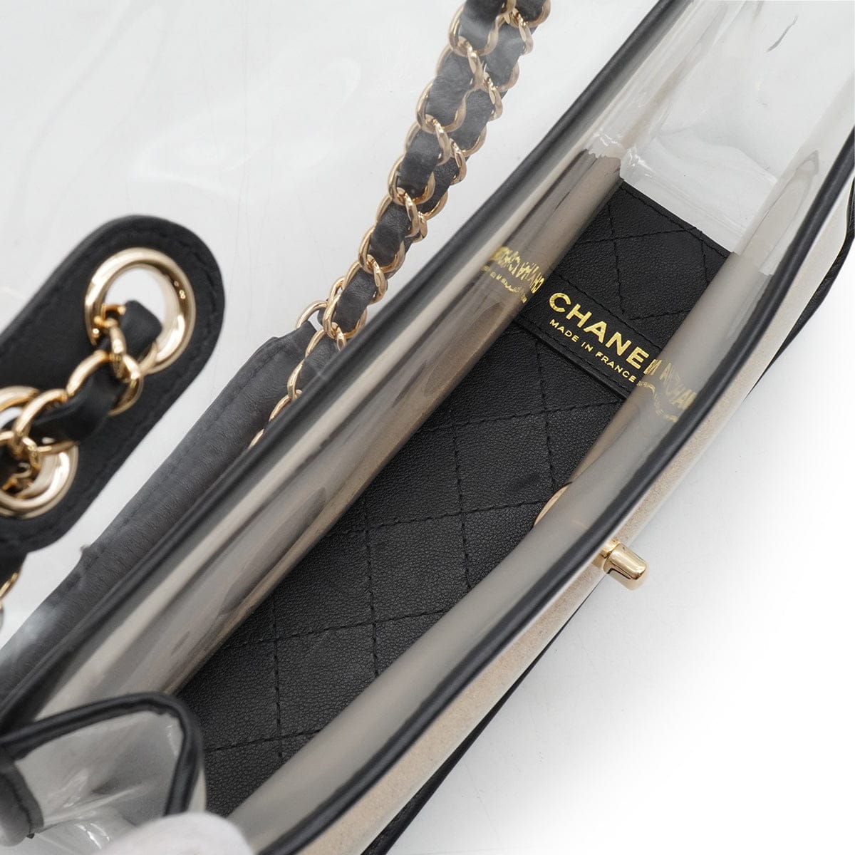 LUXURY PROMISE CHANEL SAND BY THE SEA CHAIN SHOULDER BAG BLACK CLEAR VINYL SAND LAMB SKIN GOLD HARDWARE 90341908