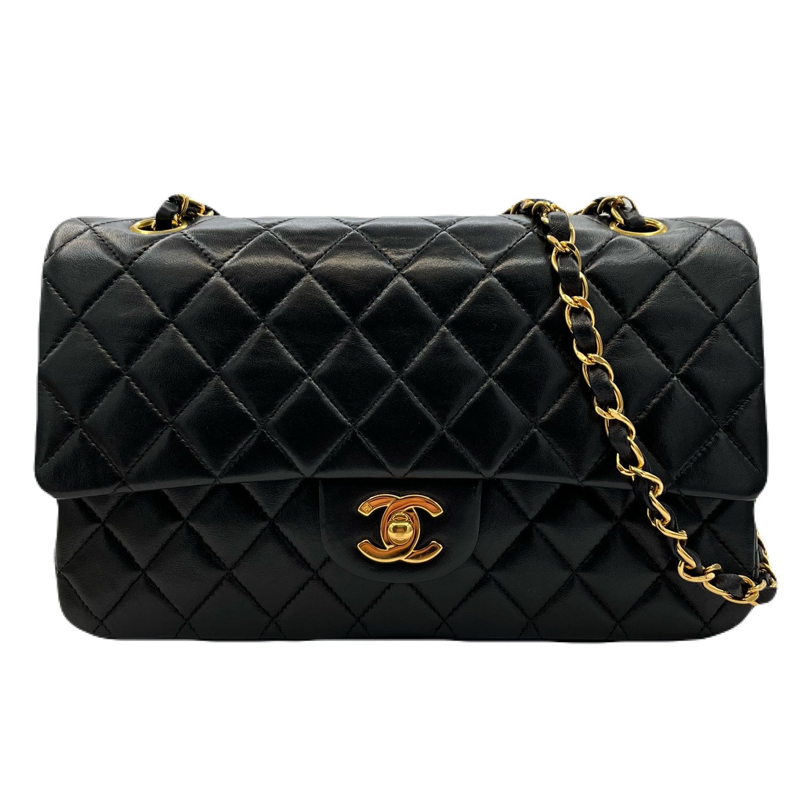 Luxury Promise CHANEL VINTAGE CLASSIC FLAP MEDIUM CHAIN SHOULDER BAG BLACK LAMB SKIN 90219630
