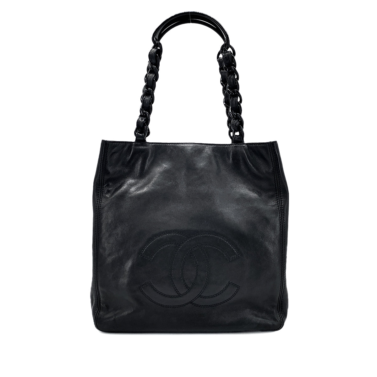 LUXURY PROMISE CHANEL VINTAGE COCOMARK PLASTIC CHAIN TOTE BAG BLACK LAMB SKIN 90274466