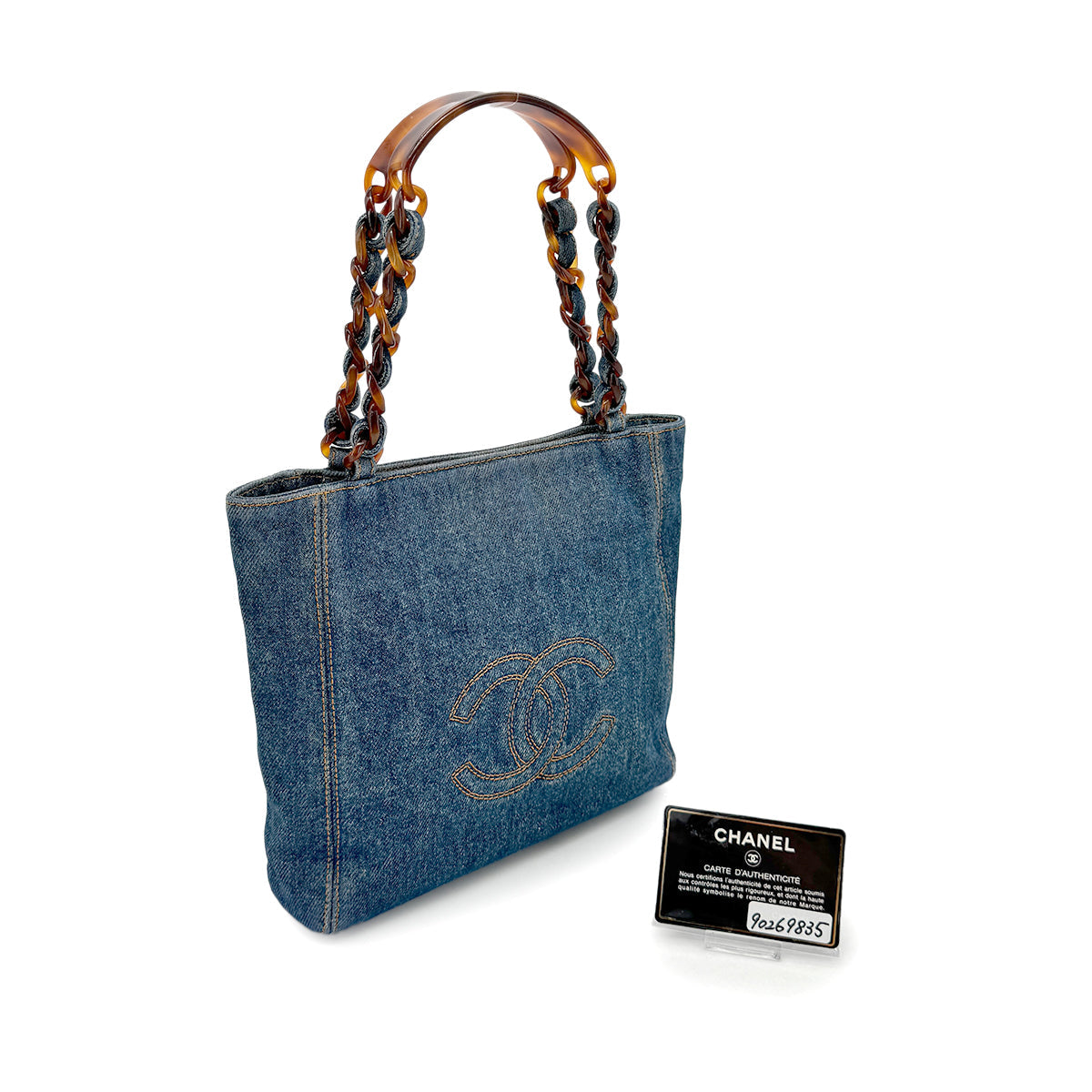 LUXURY PROMISE CHANEL VINTAGE DENIM BIG COCO TORTOISESHELL HANDLE CHAIN TOTE BAG 90269835