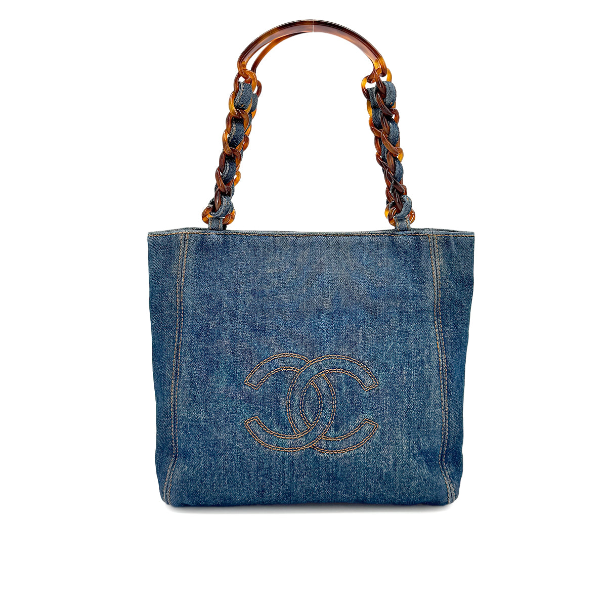 LUXURY PROMISE CHANEL VINTAGE DENIM BIG COCO TORTOISESHELL HANDLE CHAIN TOTE BAG 90269835