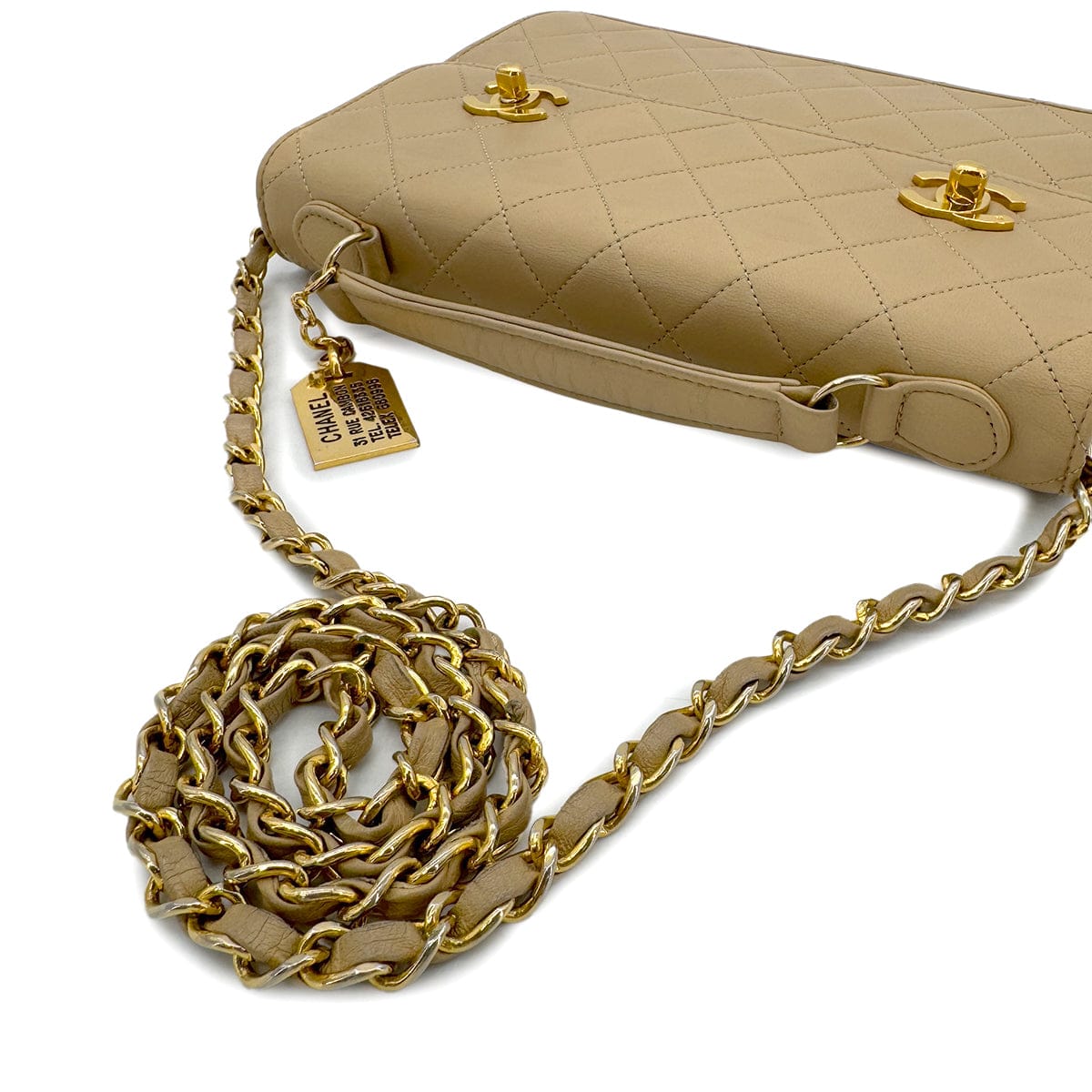 LUXURY PROMISE CHANEL VINTAGE DOUBLE TURN LOCK MATELASSE CHAIN SHOULDER HAND BAG BEIGE LAMB SKIN 90284883