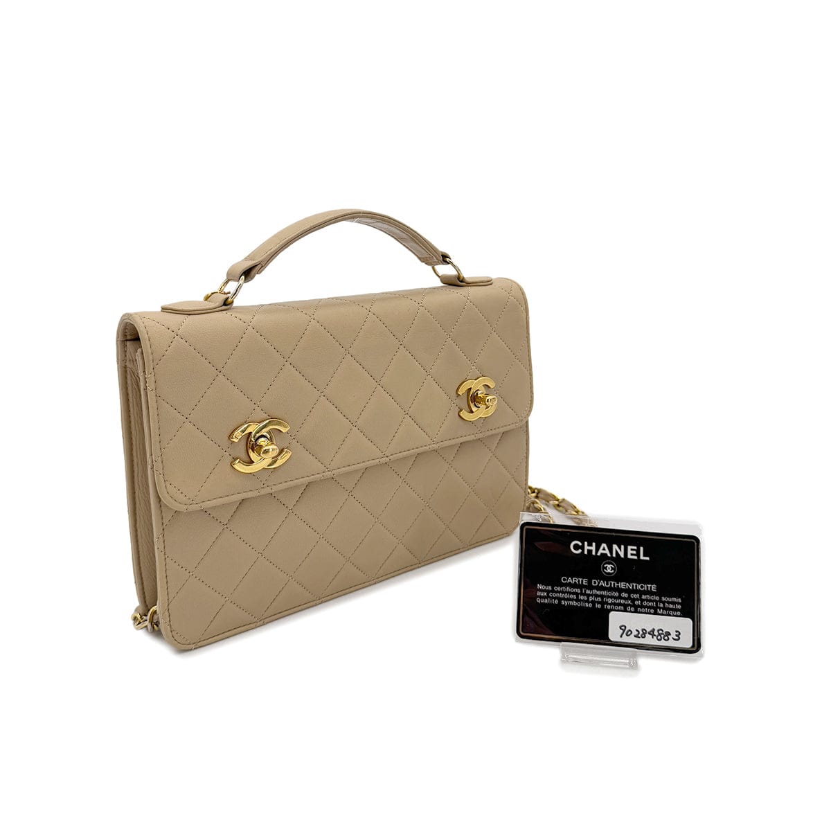 LUXURY PROMISE CHANEL VINTAGE DOUBLE TURN LOCK MATELASSE CHAIN SHOULDER HAND BAG BEIGE LAMB SKIN 90284883
