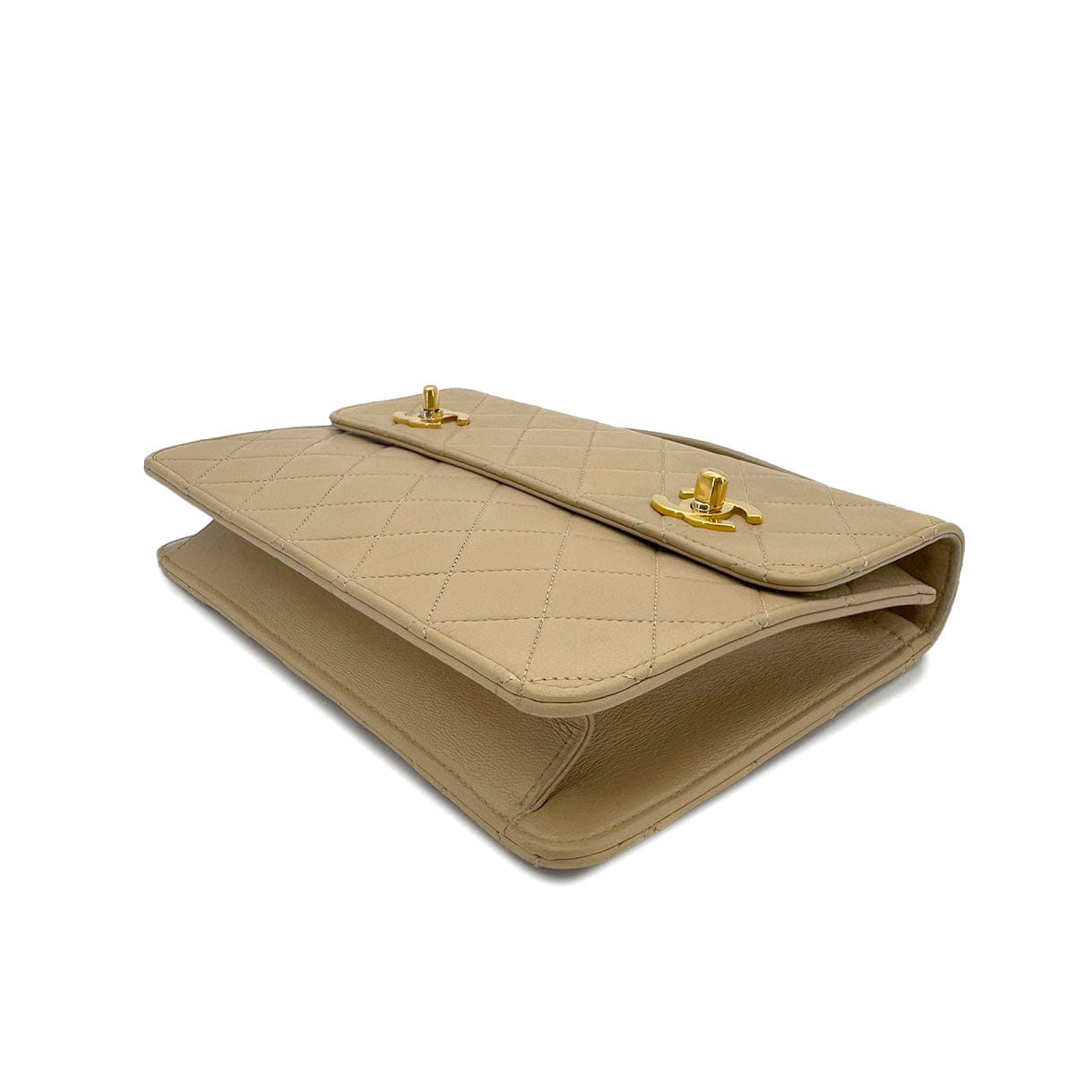 LUXURY PROMISE CHANEL VINTAGE DOUBLE TURN LOCK MATELASSE CHAIN SHOULDER HAND BAG BEIGE LAMB SKIN 90284883