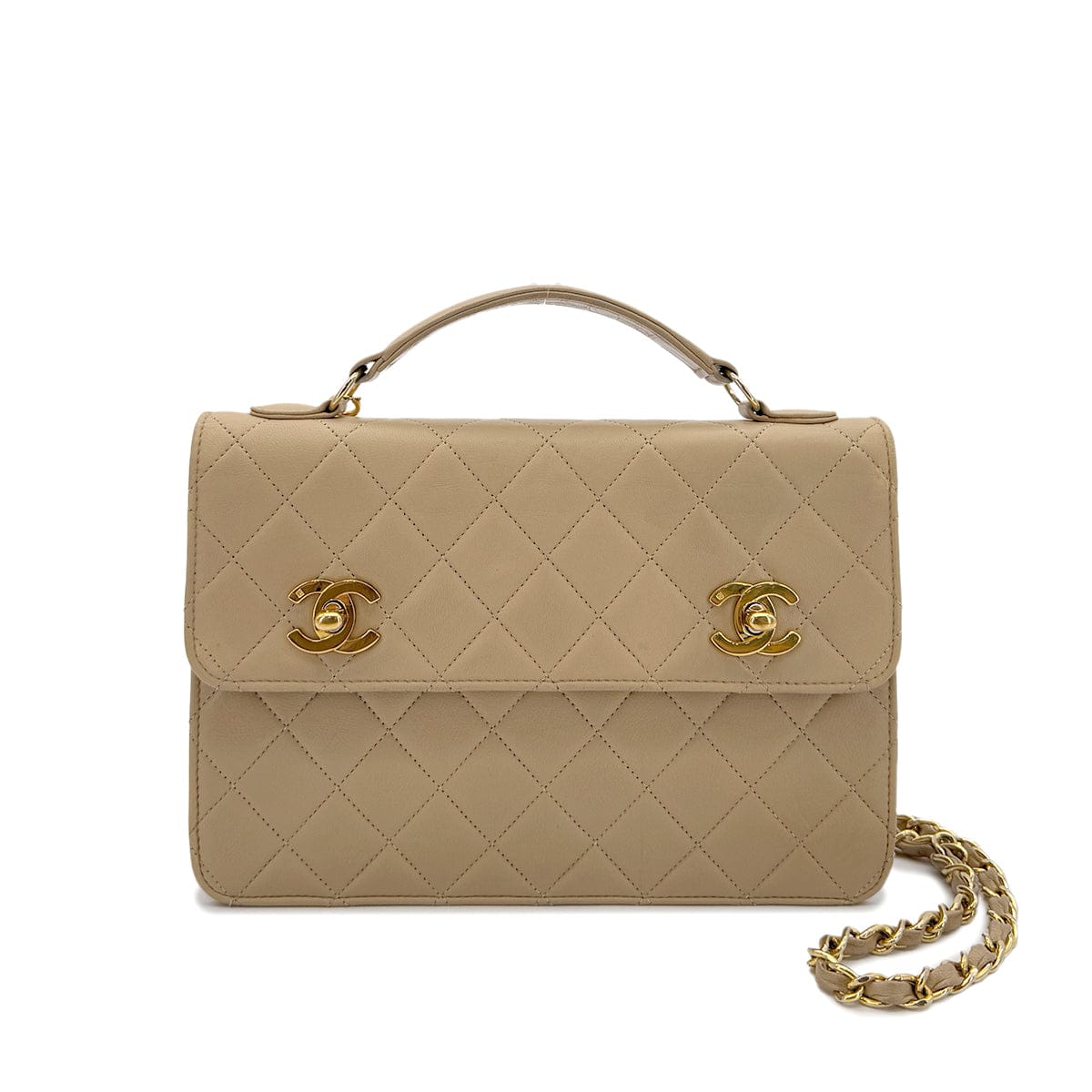 LUXURY PROMISE CHANEL VINTAGE DOUBLE TURN LOCK MATELASSE CHAIN SHOULDER HAND BAG BEIGE LAMB SKIN 90284883