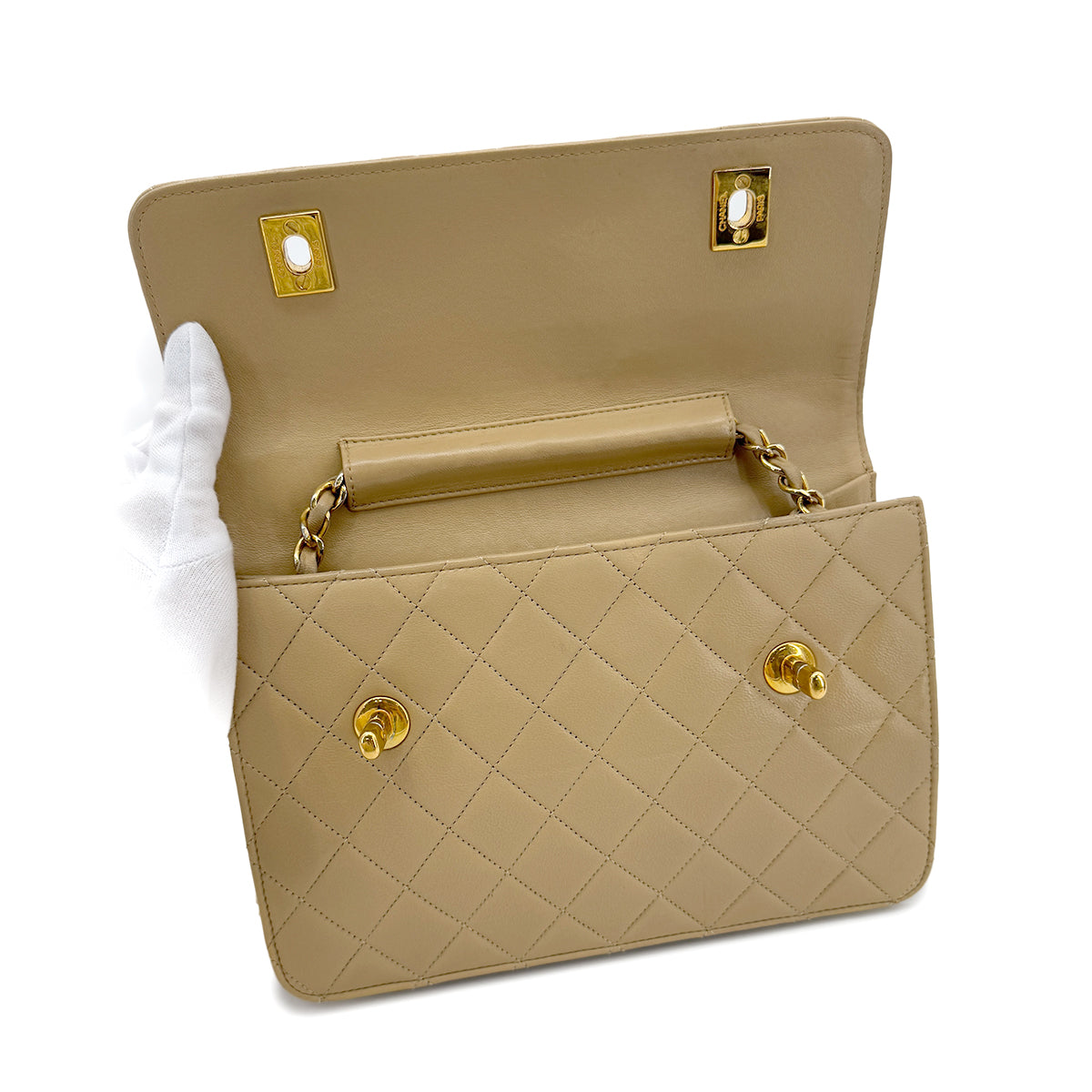 LUXURY PROMISE CHANEL VINTAGE DOUBLE TURN LOCK MATELASSE CHAIN SHOULDER HAND BAG BEIGE LAMB SKIN 90284883