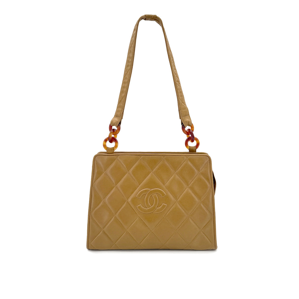 LUXURY PROMISE CHANEL VINTAGE MATELASSE TORTOISESHELL CHAIN SHOULDER BAG BEIGE LAMB SKIN 90286567