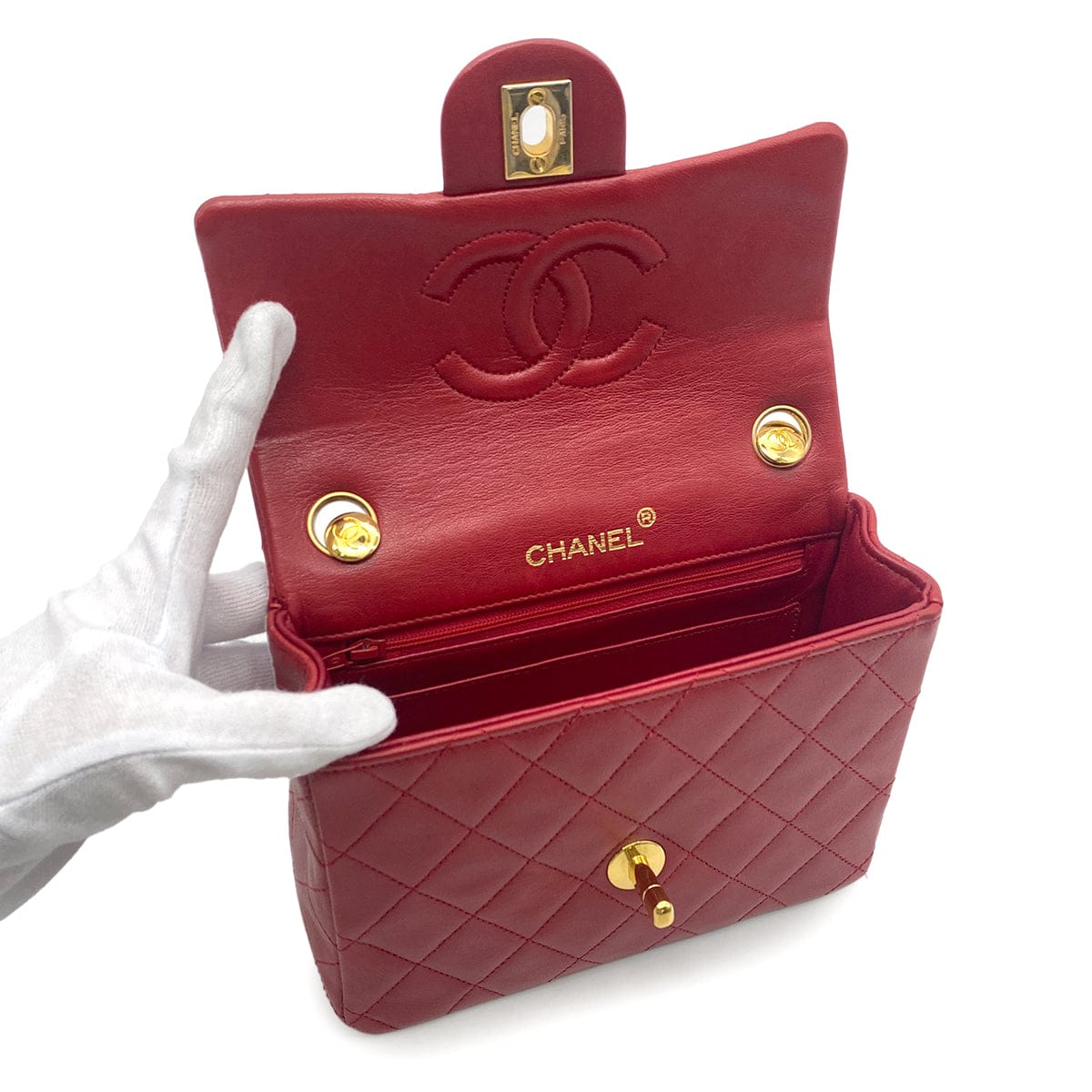 LUXURY PROMISE CHANEL VINTAGE MINI SQUARE 17 CHAIN HAND BAG RED LAMB SKIN 90260487