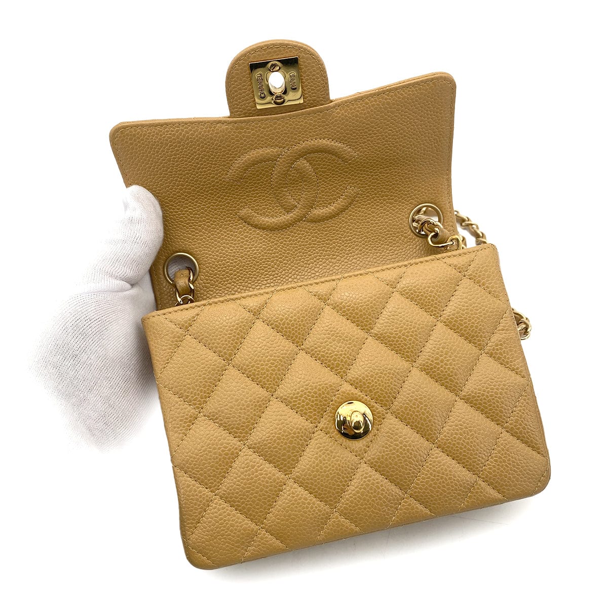 LUXURY PROMISE CHANEL VINTAGE MINI SQUARE 17 CHAIN SHOULDER BAG BEIGE CAVIAR SKIN 90259578