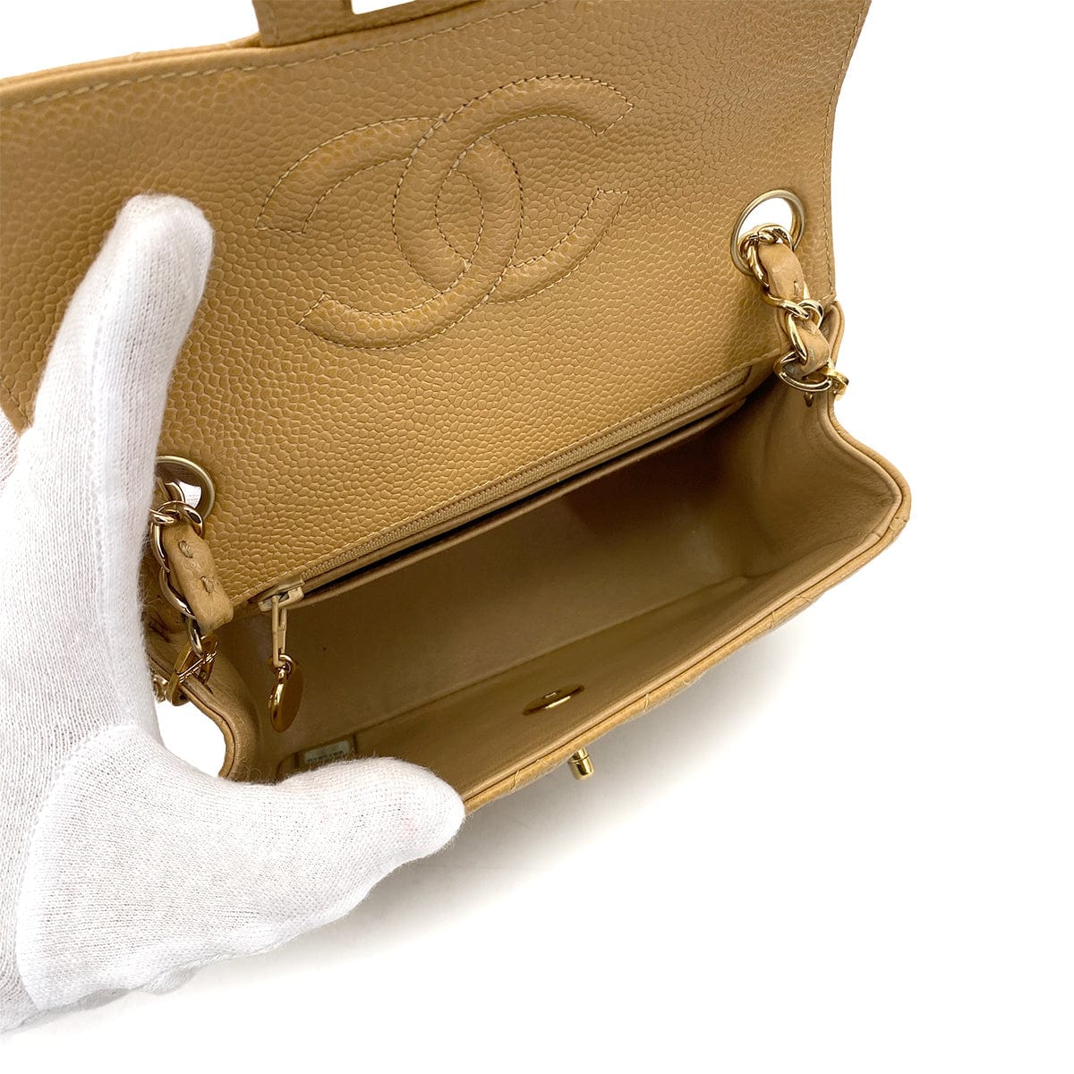 LUXURY PROMISE CHANEL VINTAGE MINI SQUARE 17 CHAIN SHOULDER BAG BEIGE CAVIAR SKIN 90259578