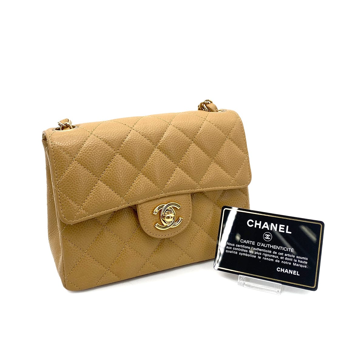 LUXURY PROMISE CHANEL VINTAGE MINI SQUARE 17 CHAIN SHOULDER BAG BEIGE CAVIAR SKIN 90259578