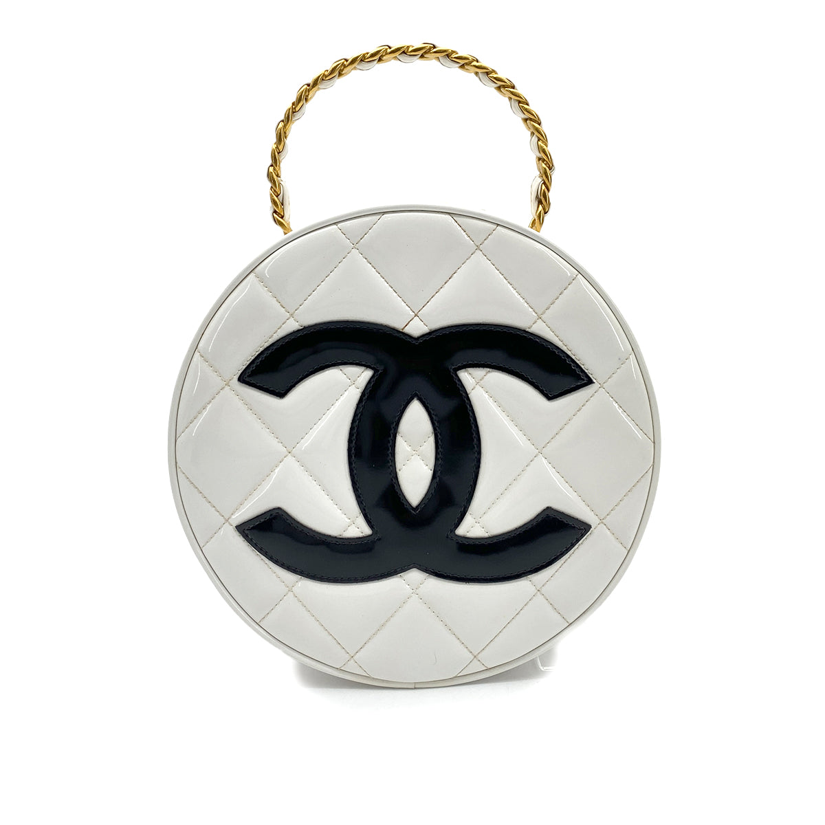 LUXURY PROMISE CHANEL VINTAGE ROUND VANITY HAND BAG WHITE BLACK ENAMEL 90260133
