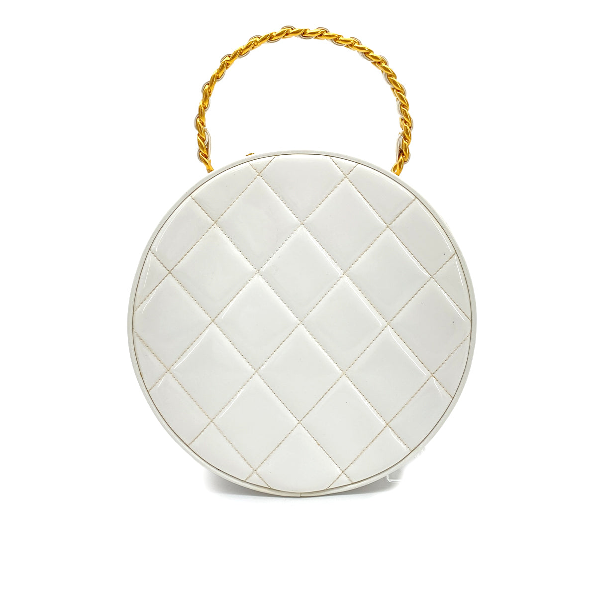LUXURY PROMISE CHANEL VINTAGE ROUND VANITY HAND BAG WHITE BLACK ENAMEL 90260133
