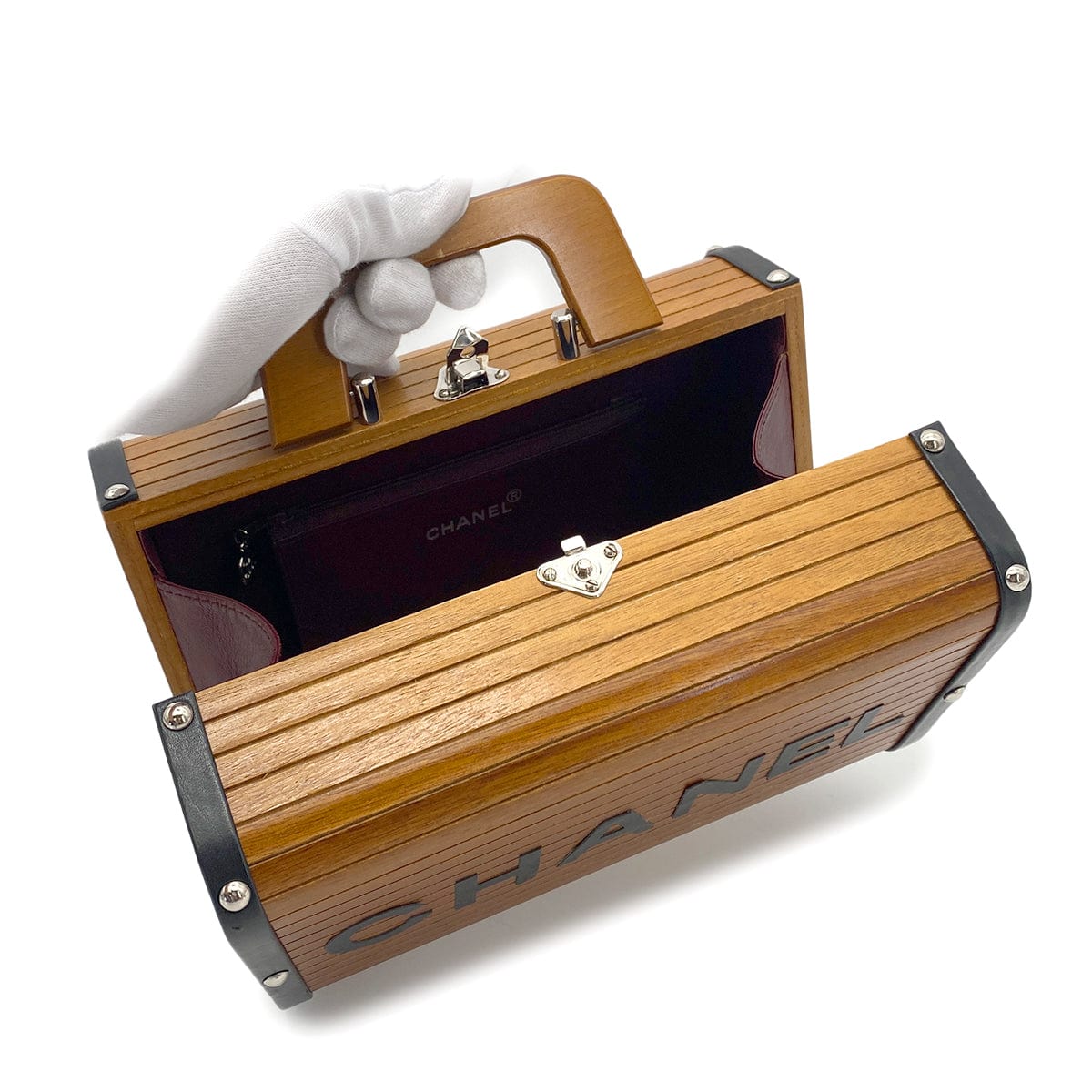 LUXURY PROMISE CHANEL VINTAGE WOOD VANITY HAND BAG WOOD LEATHER BROWN 90264374