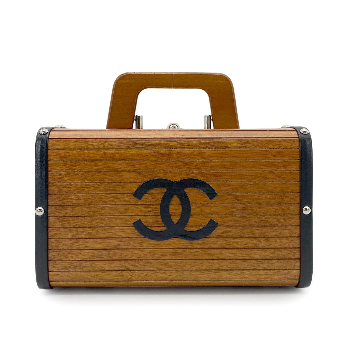 LUXURY PROMISE CHANEL VINTAGE WOOD VANITY HAND BAG WOOD LEATHER BROWN 90264374