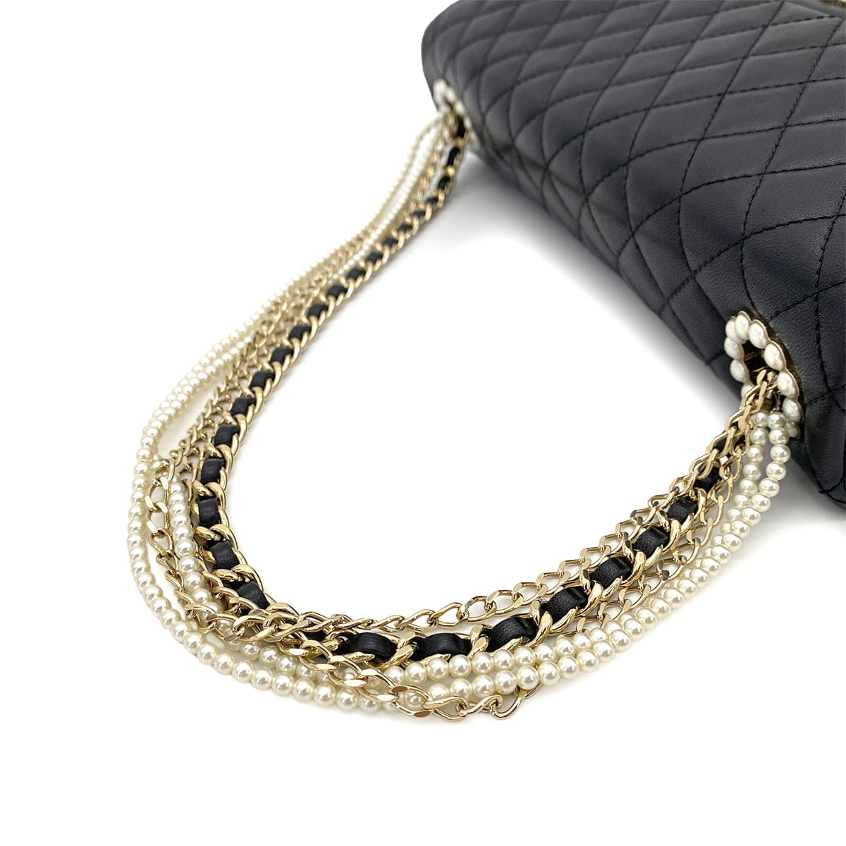LUXURY PROMISE CHANEL WESTMINSTER CHAIN SHOULDER BAG FAUX PEARL BLACK LAMB SKIN 90260188