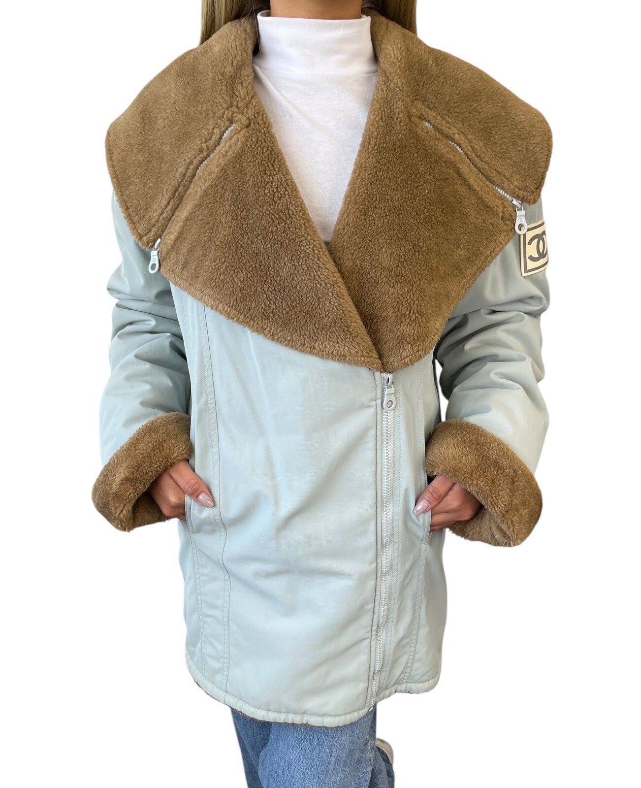 Luxury Promise CHANEL Sport Vintage 01A CC Logo Ski Wear Jacket #36 Blue Brown Cotton Fur Zip