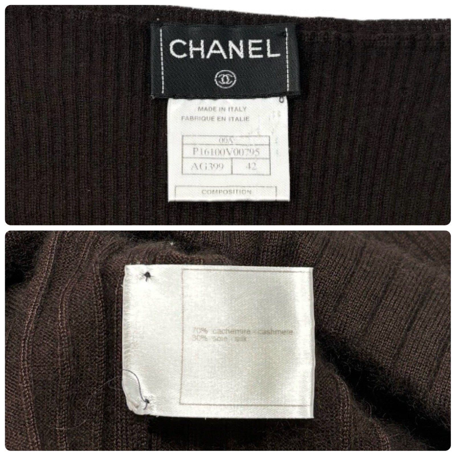 Luxury Promise CHANEL Vintage 00A CC Logo Rib Knit Top Pullover Long Sleeve #42 Brown Cashmere