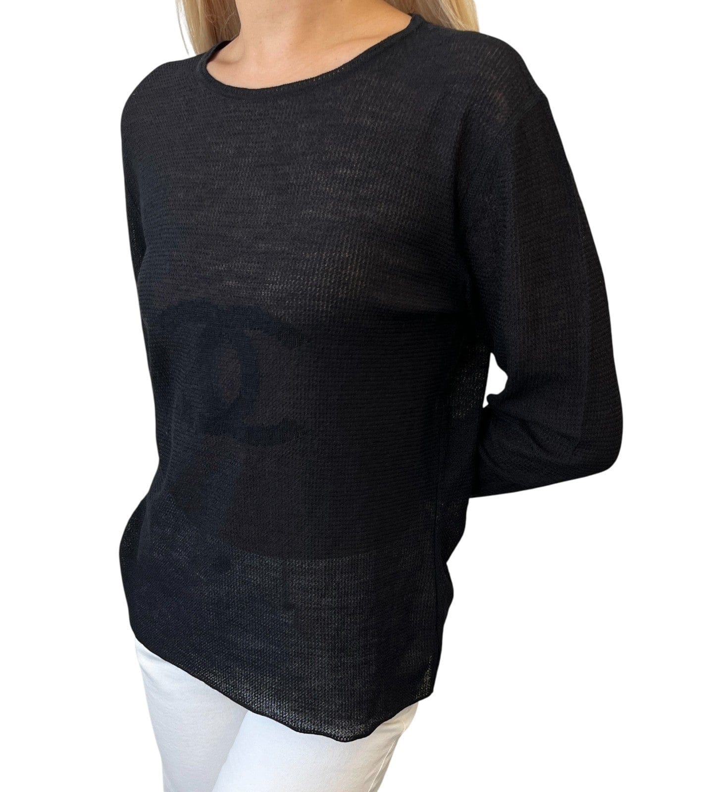 Luxury Promise CHANEL Vintage 02A CC Logo See-through Knit Top #42 Mesh Short Sleeve Black