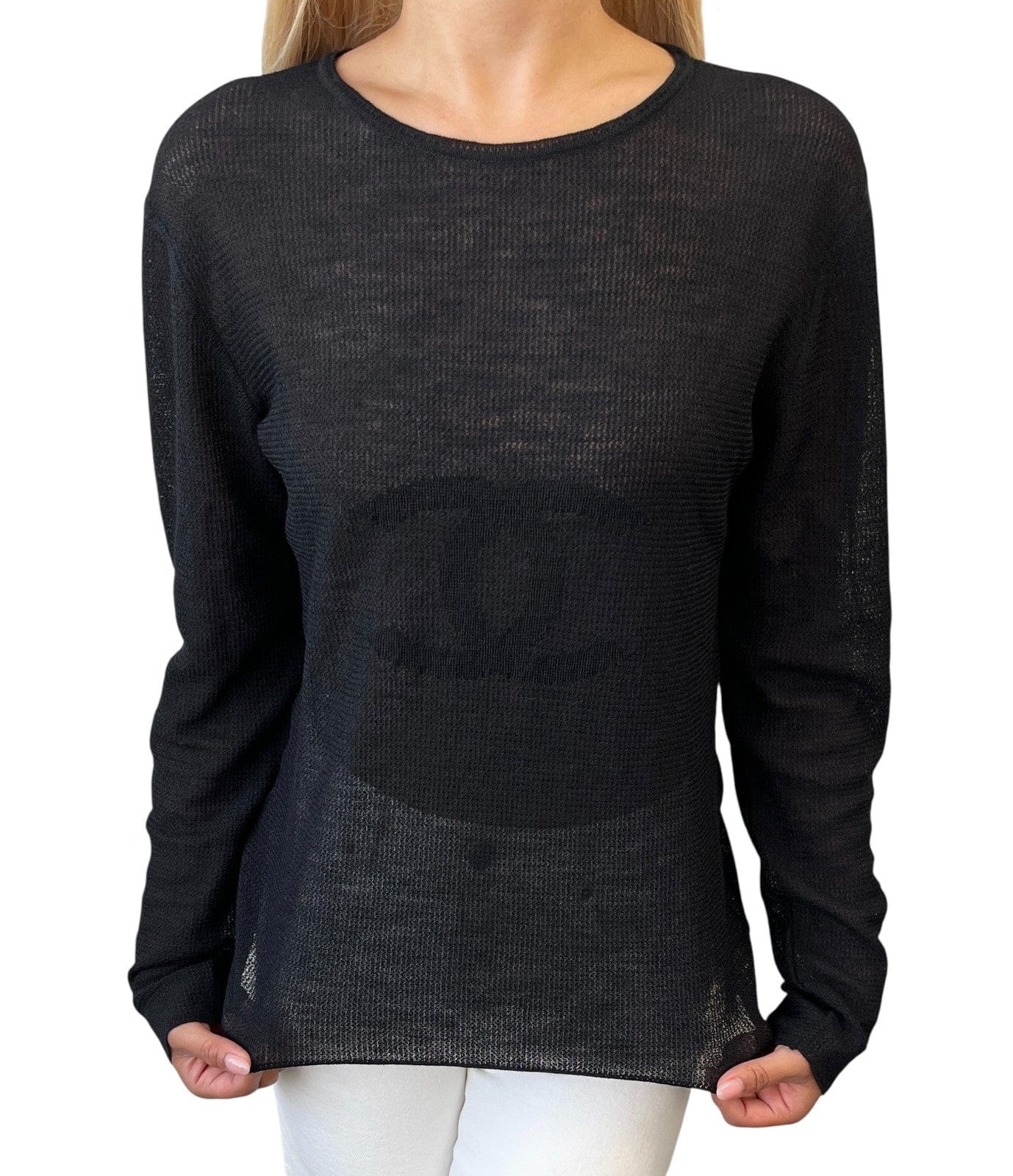 Luxury Promise CHANEL Vintage 02A CC Logo See-through Knit Top #42 Mesh Short Sleeve Black