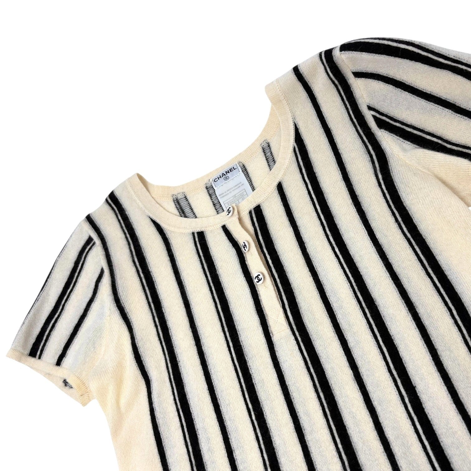 Luxury Promise CHANEL Vintage 03C CC Logo Cashmere Knit Striped T-shirt Top #42 Cream Black