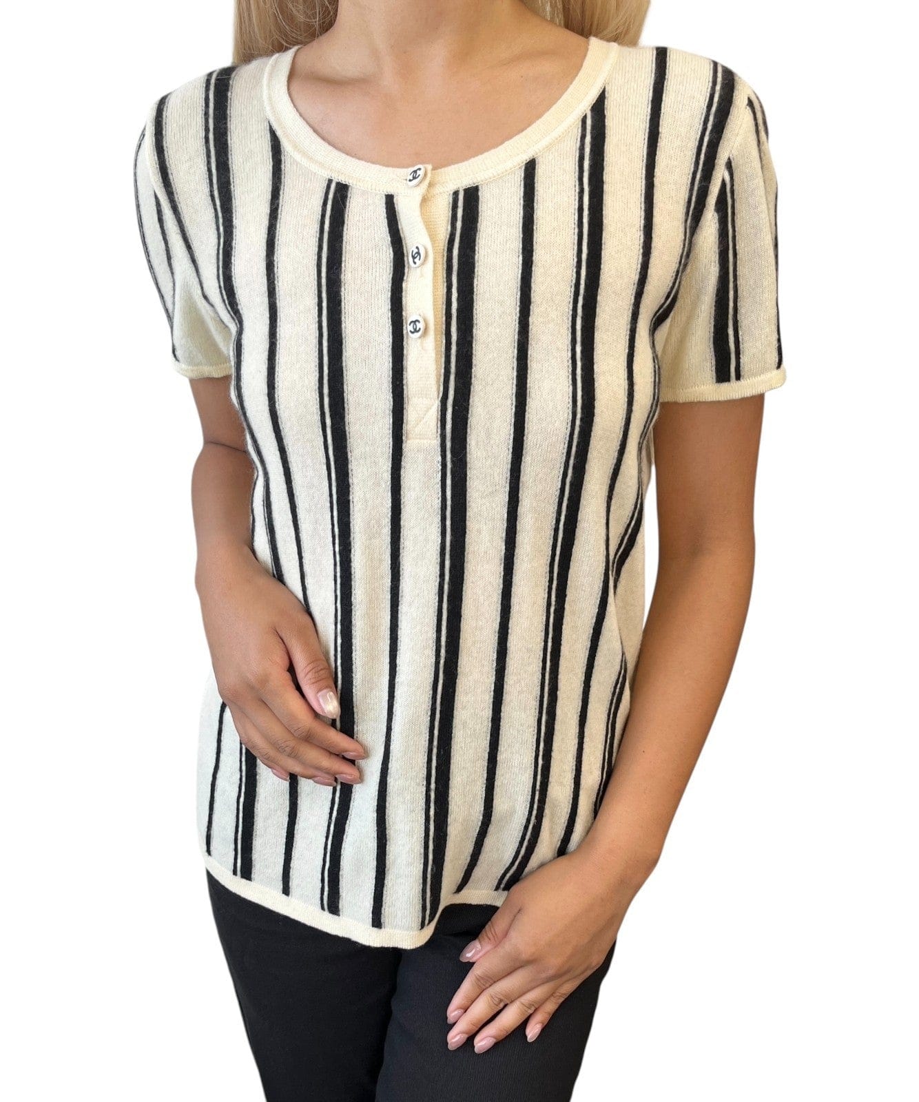 Luxury Promise CHANEL Vintage 03C CC Logo Cashmere Knit Striped T-shirt Top #42 Cream Black