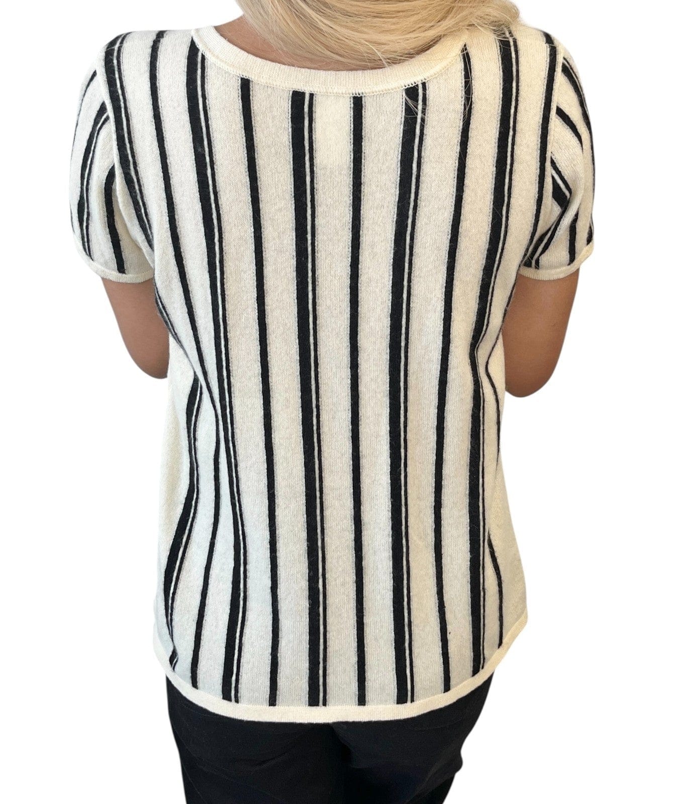 Luxury Promise CHANEL Vintage 03C CC Logo Cashmere Knit Striped T-shirt Top #42 Cream Black