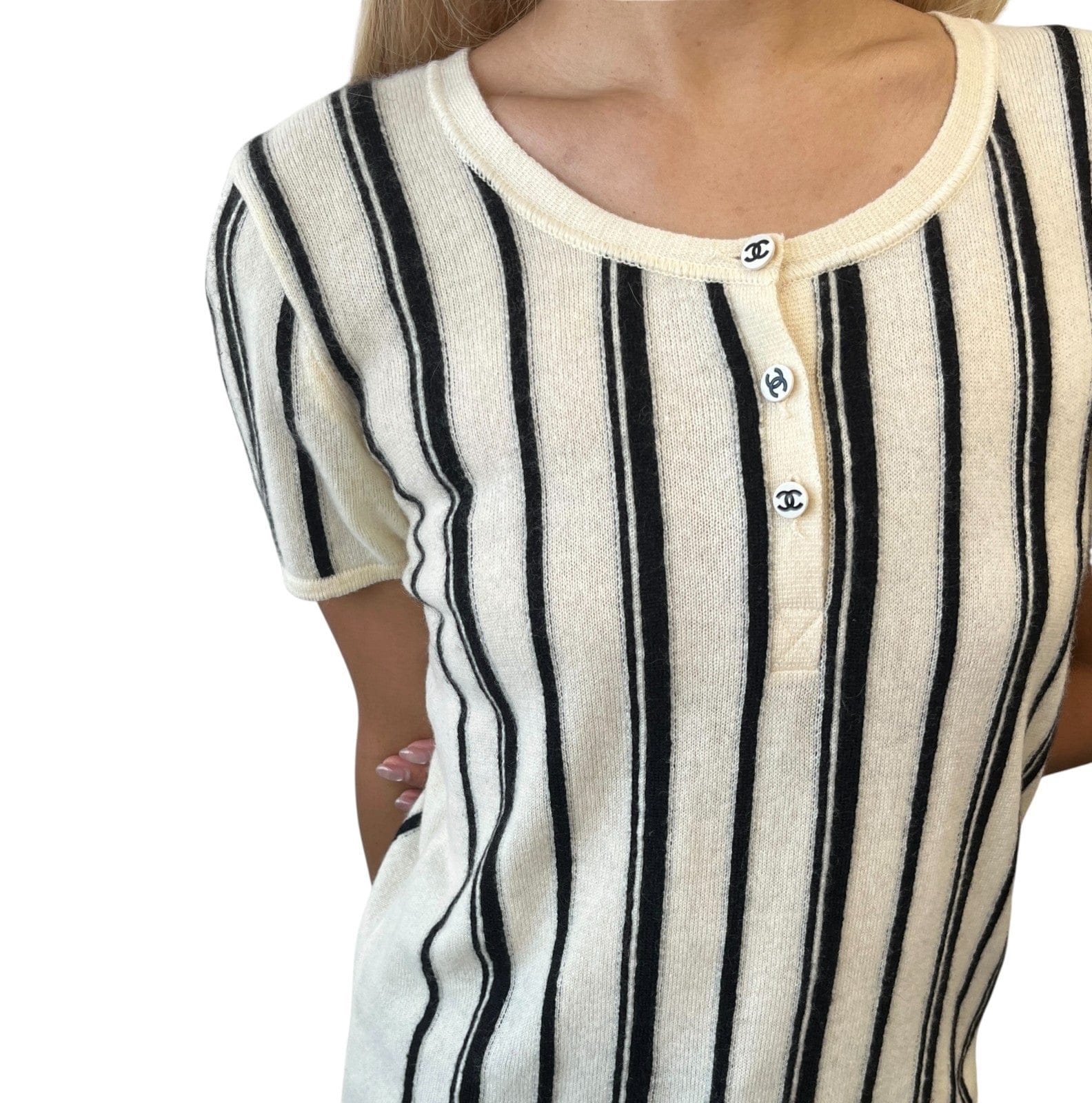 Luxury Promise CHANEL Vintage 03C CC Logo Cashmere Knit Striped T-shirt Top #42 Cream Black