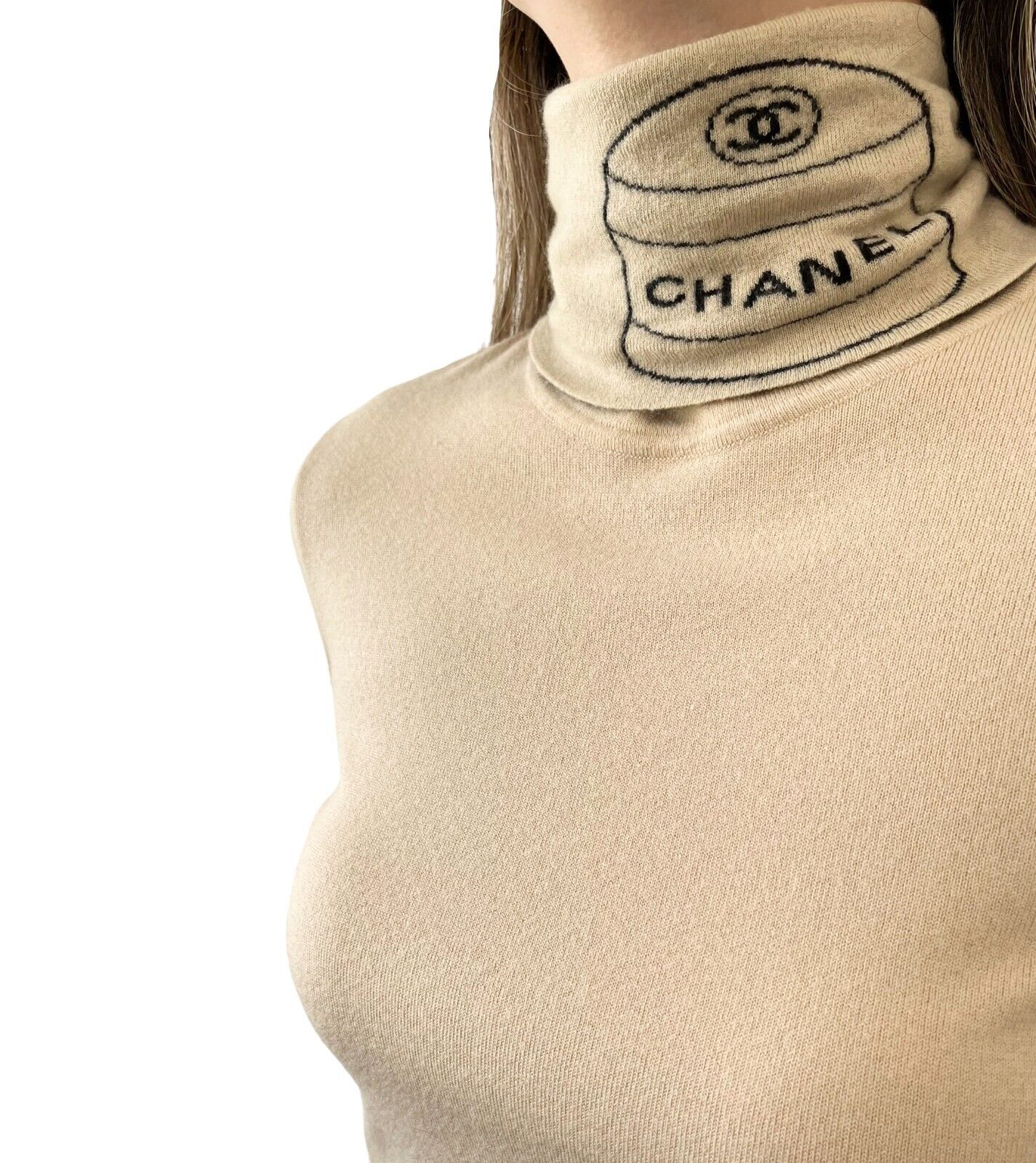 Luxury Promise CHANEL Vintage 04A CC Logo Turtleneck Sweater #38 Long Sleeve Top Cream Cashmere
