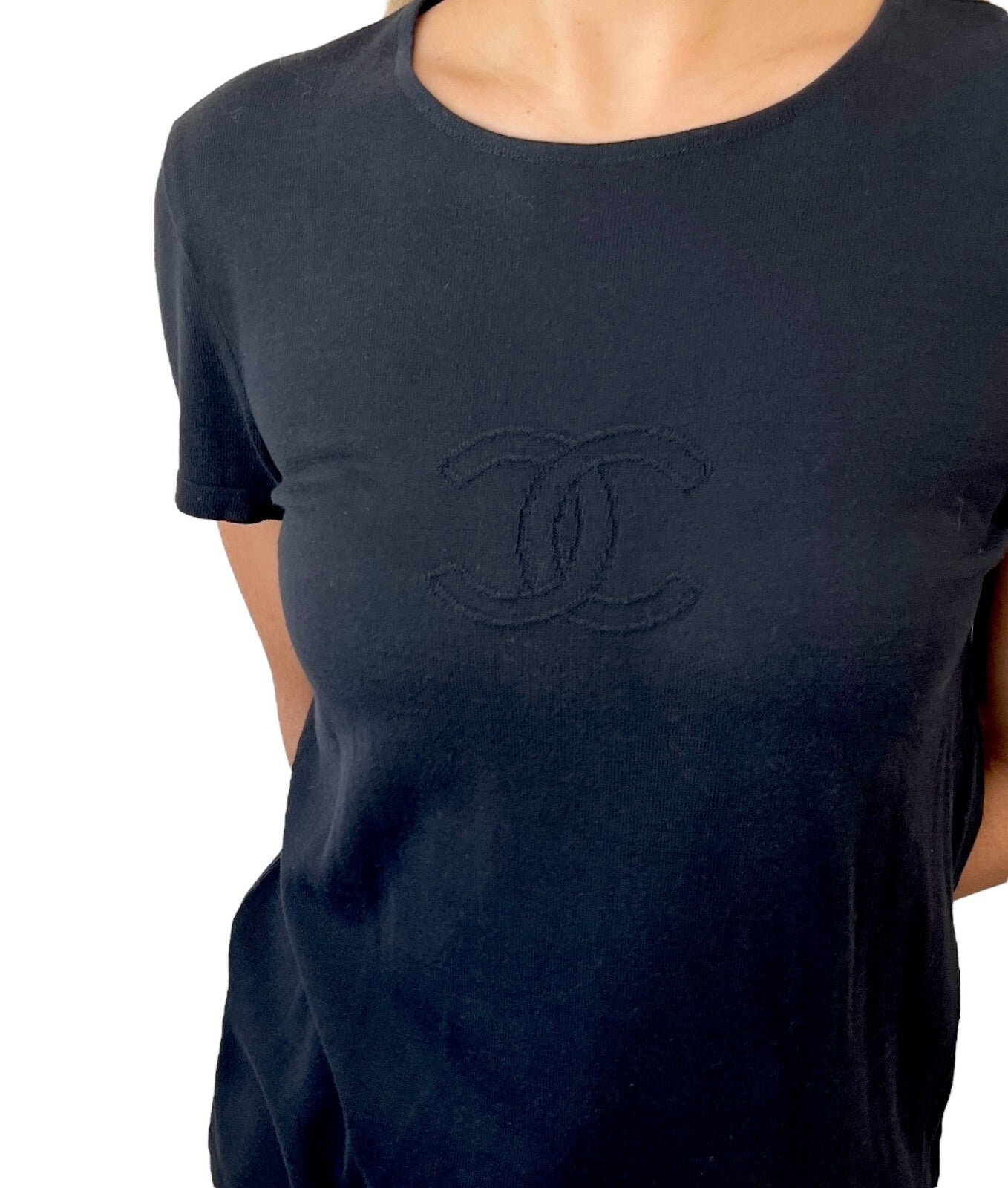 Luxury Promise CHANEL Vintage 05C CC Logo Knit T-shirt #42 Short Sleeve Top Black Cotton