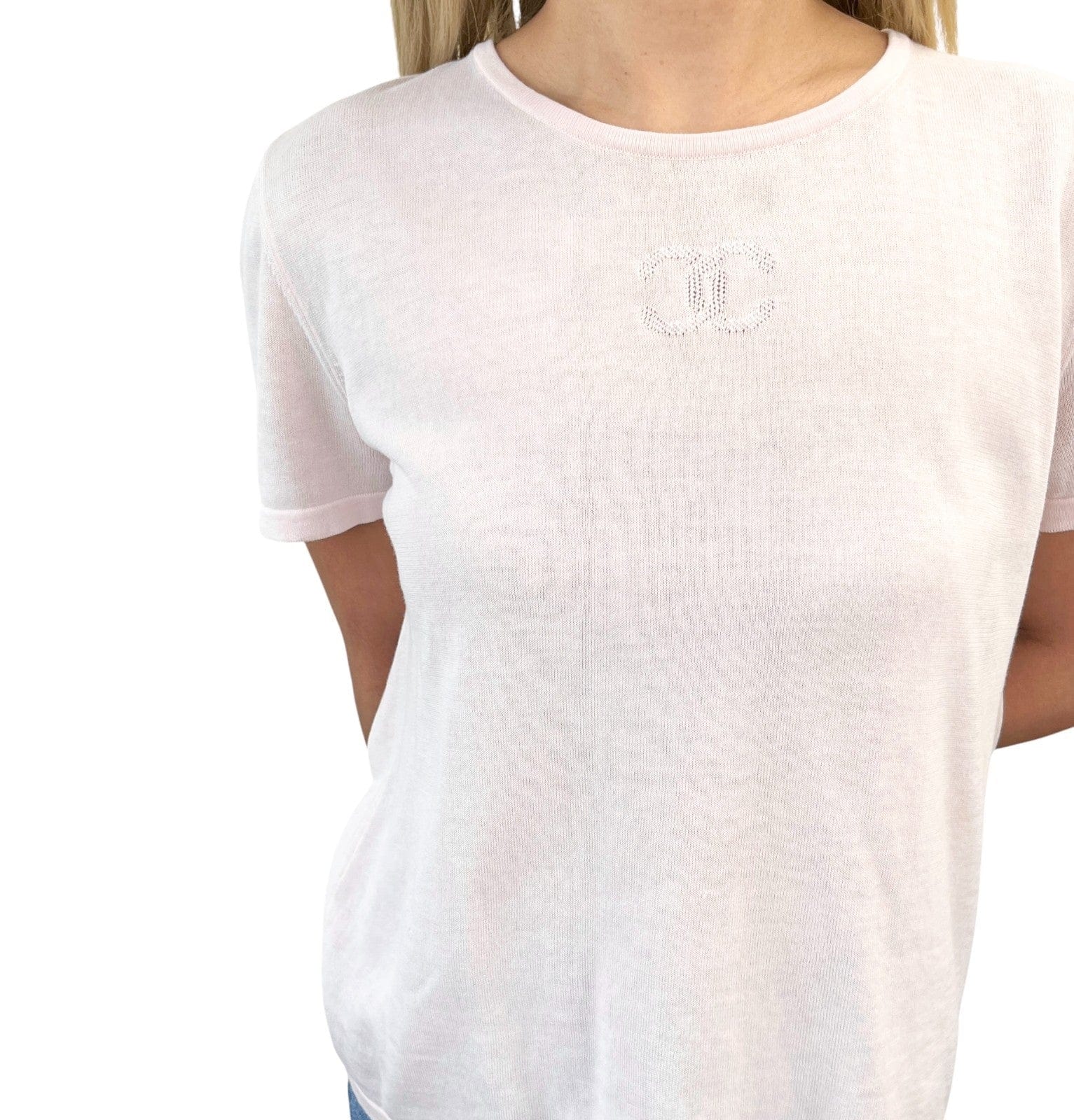 Luxury Promise CHANEL Vintage 06P CC Mark Logo Short Sleeve Top #38 T-shirt Pink Cotton Mesh