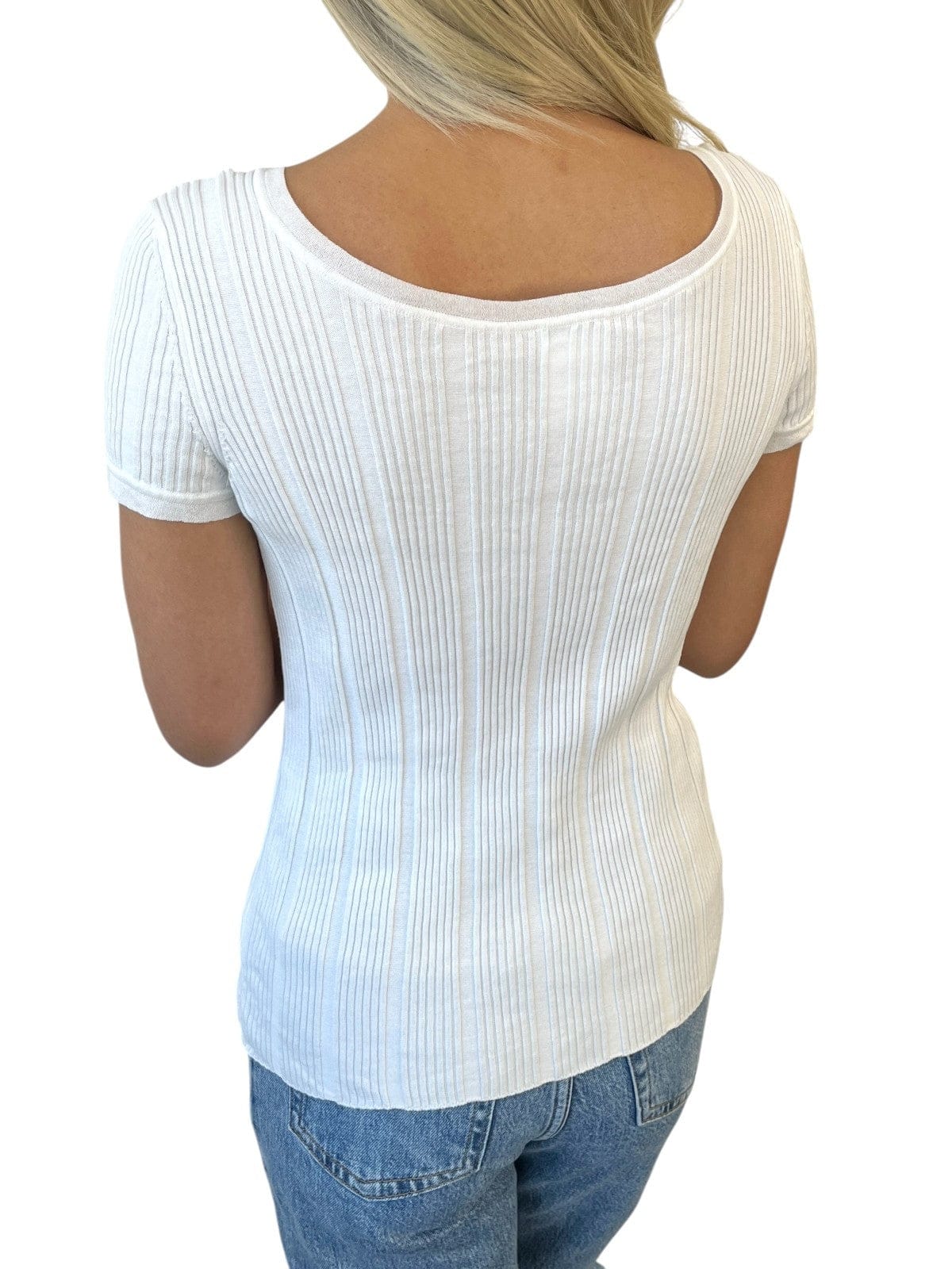 Luxury Promise CHANEL Vintage 07P CC Logo Knit Top Button Short Sleeve #38 White Gold Cotton