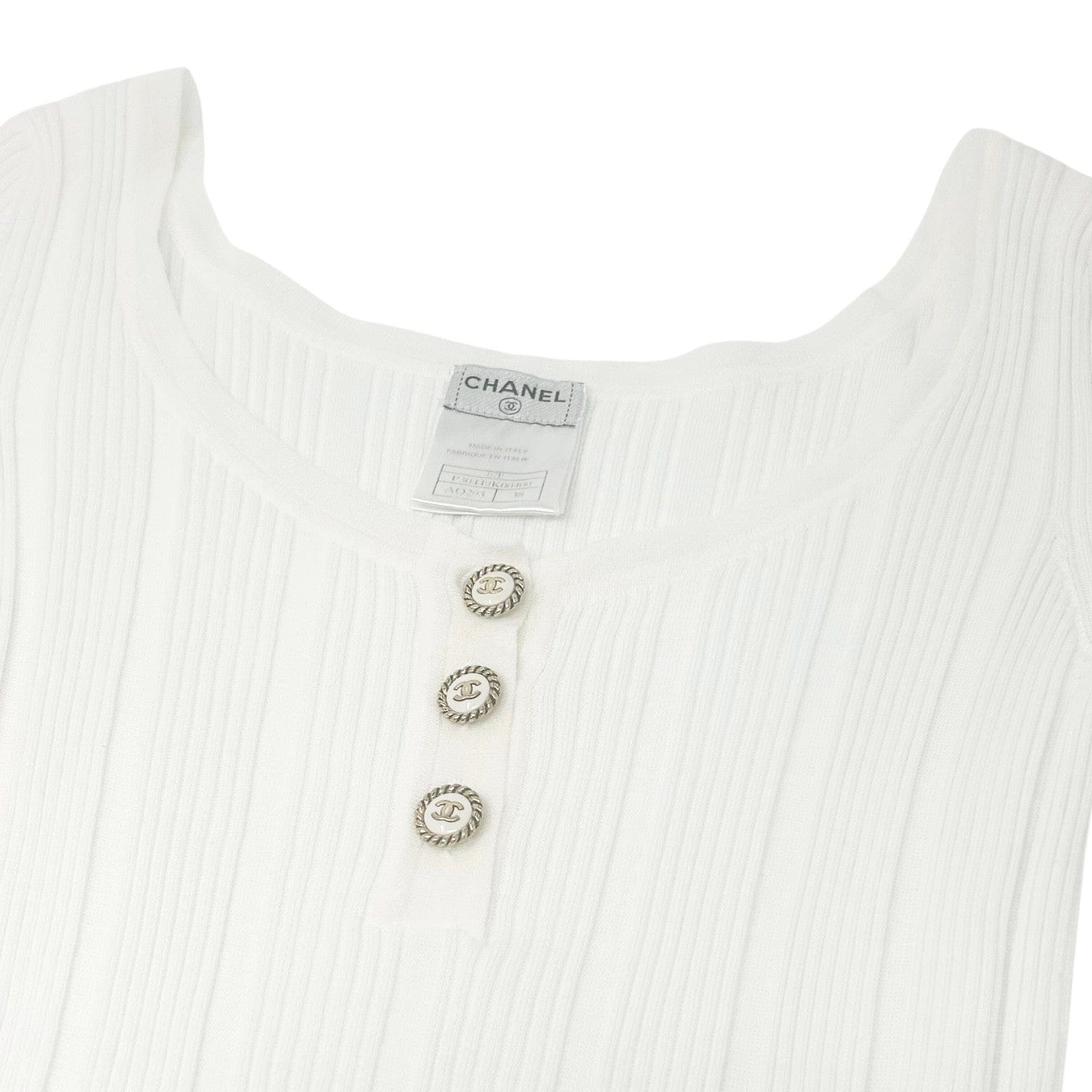 Luxury Promise CHANEL Vintage 07P CC Logo Knit Top Button Short Sleeve #38 White Gold Cotton