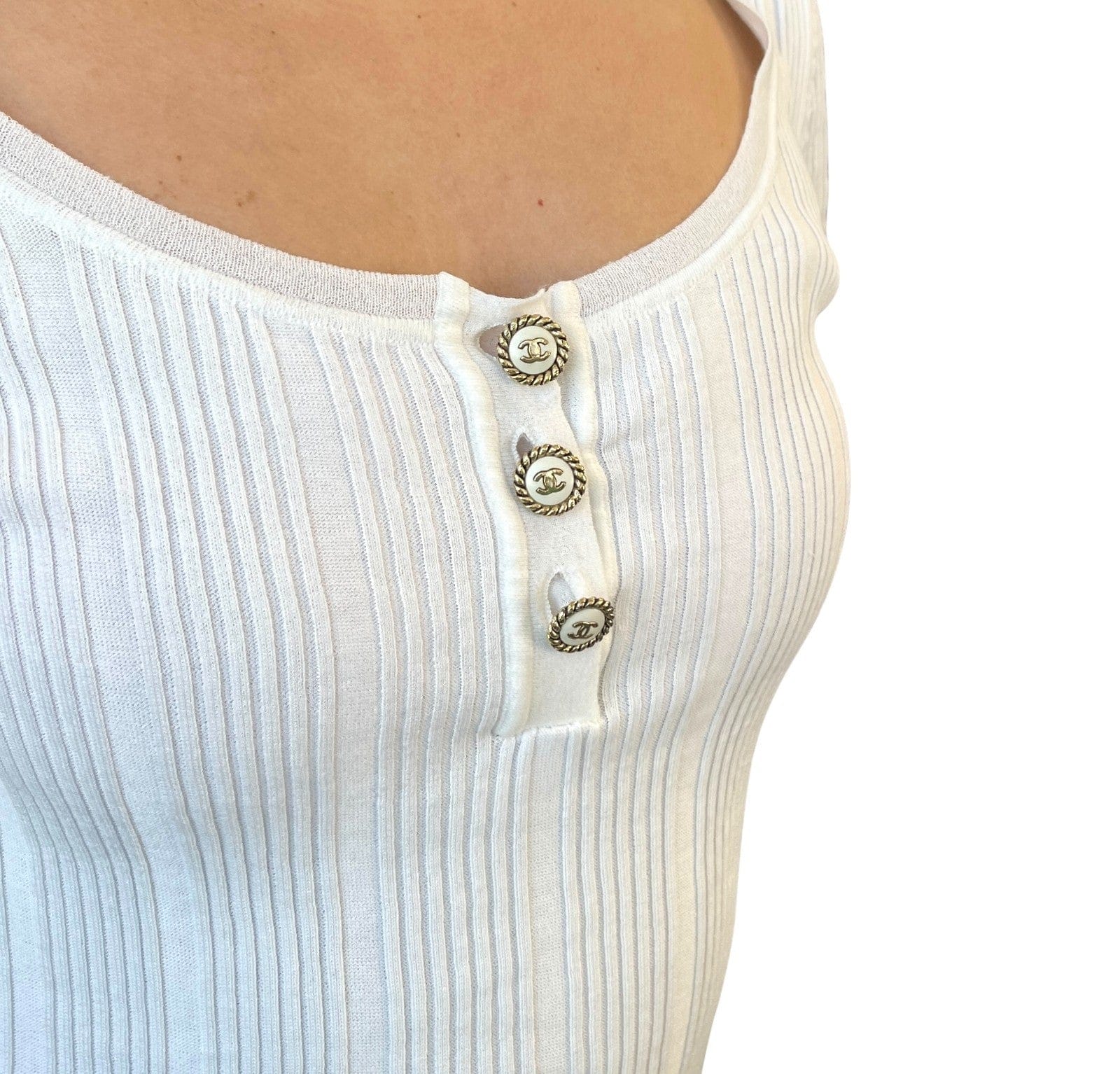Luxury Promise CHANEL Vintage 07P CC Logo Knit Top Button Short Sleeve #38 White Gold Cotton